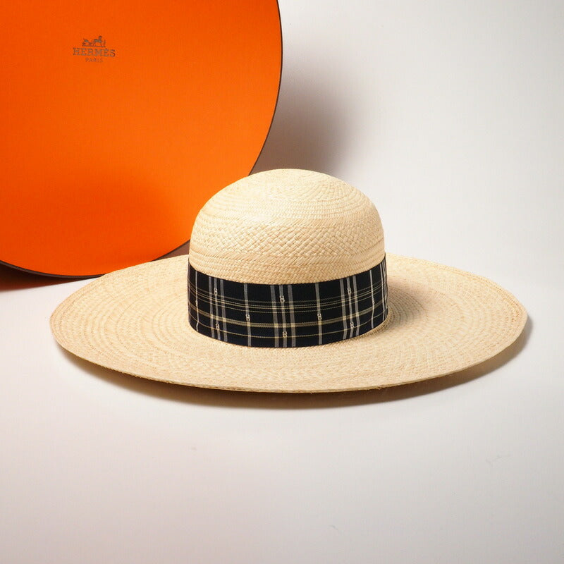 HERMES hat 2962 Material Type: Straw Natural / Navy ANOUK Anouk Women 58