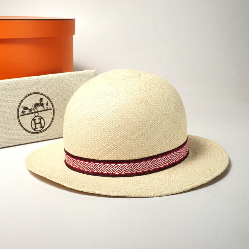 HERMES hat 2932 Material Type: Straw Light beige/Bordeaux Greta Women 58