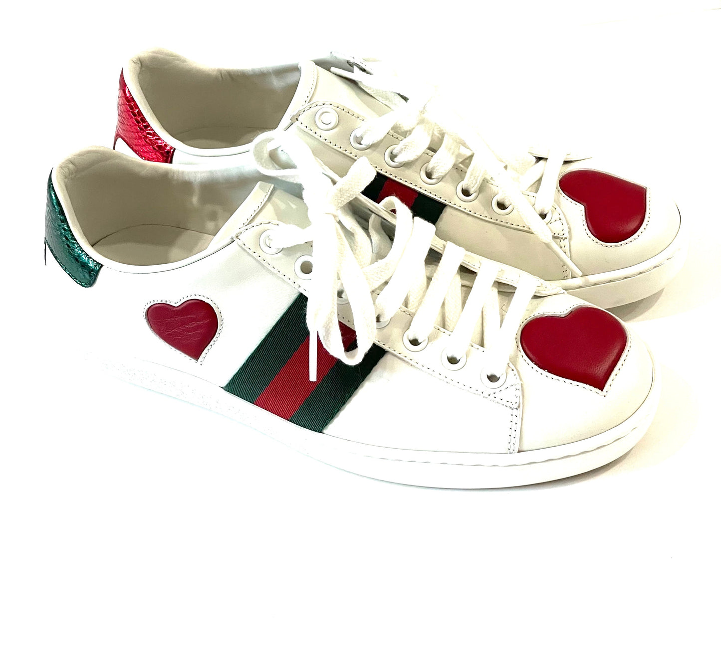 GUCCI CALFSKIN WEB HEART EMBROIDERED ACE SNEAKERS