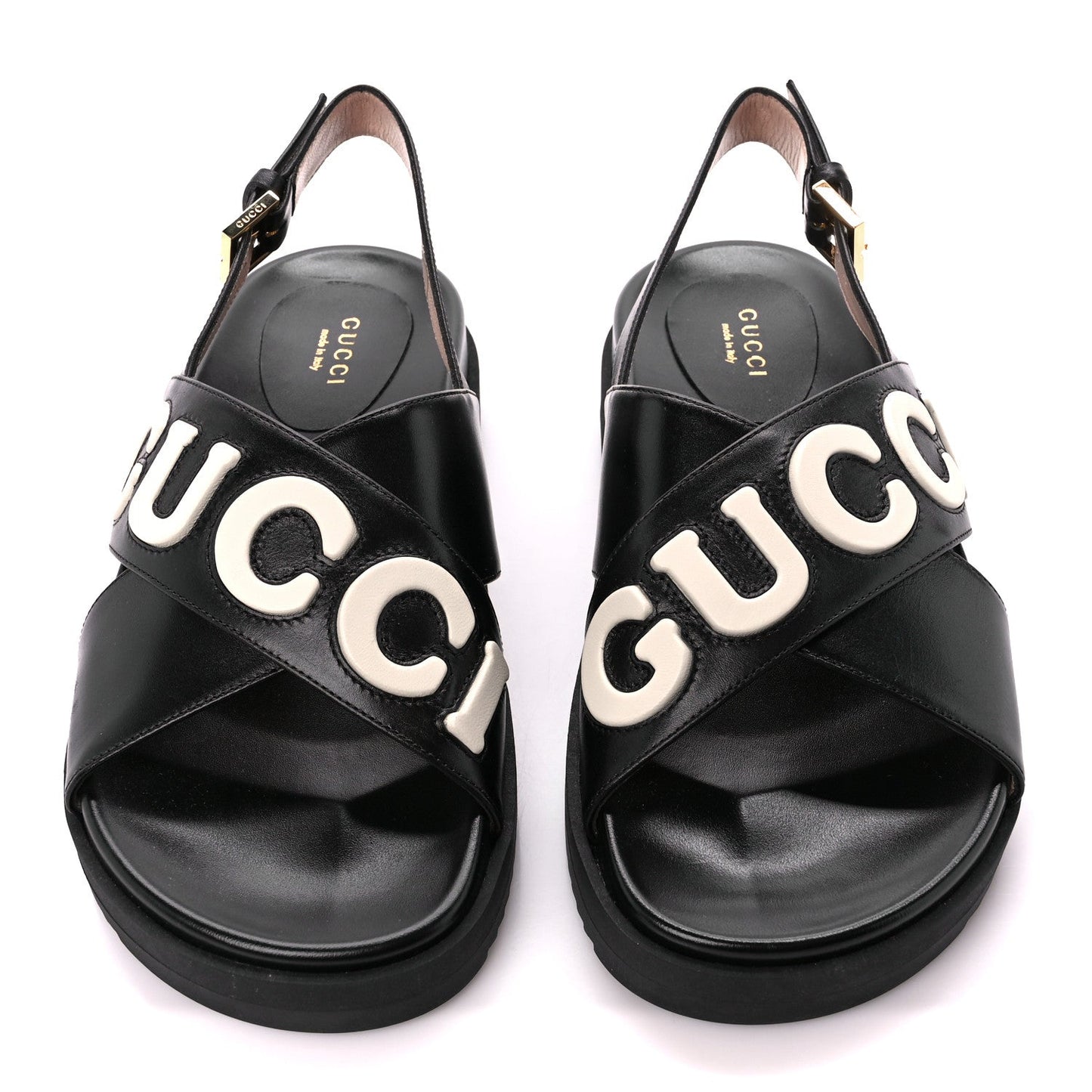 GUCCI LOGO APPLIQUE CROSSOVER CALFSKIN LEATHER SLINGBACK SANDALS