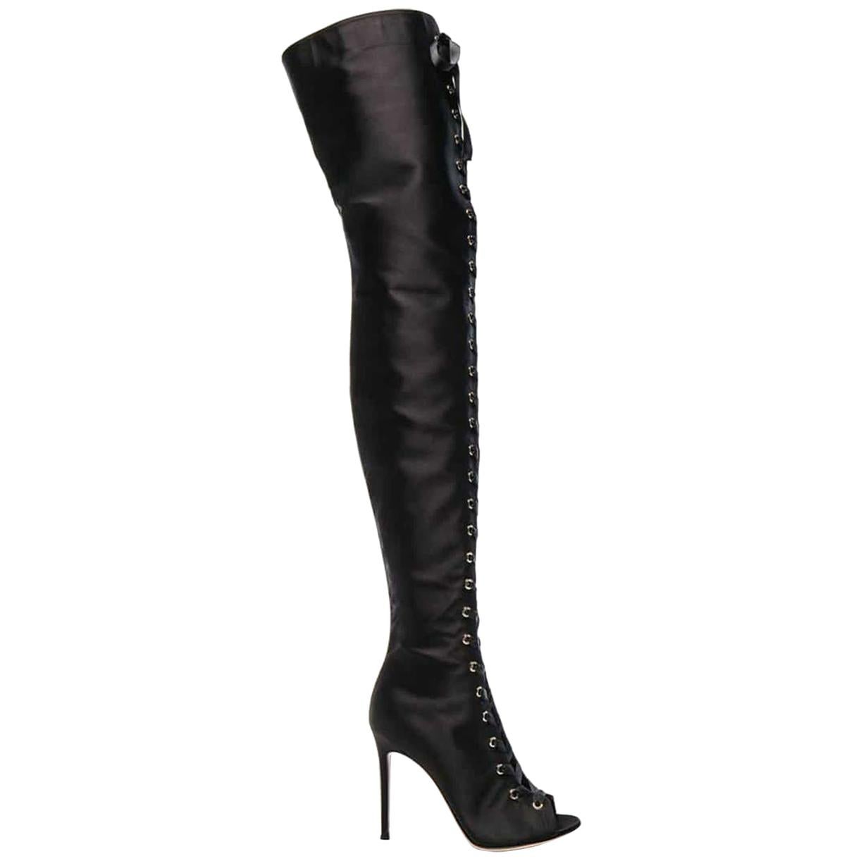 Gianvito Rossi Marie Lace Up Satin Over the Knee Boots