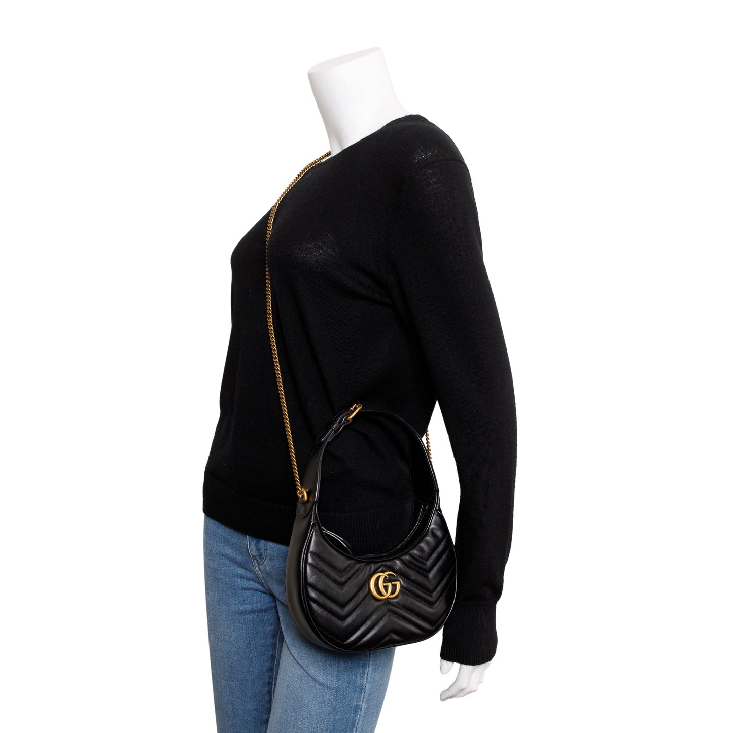 Gucci 2022 Black GG Marmont Half-Moon Shaped Mini Bag
