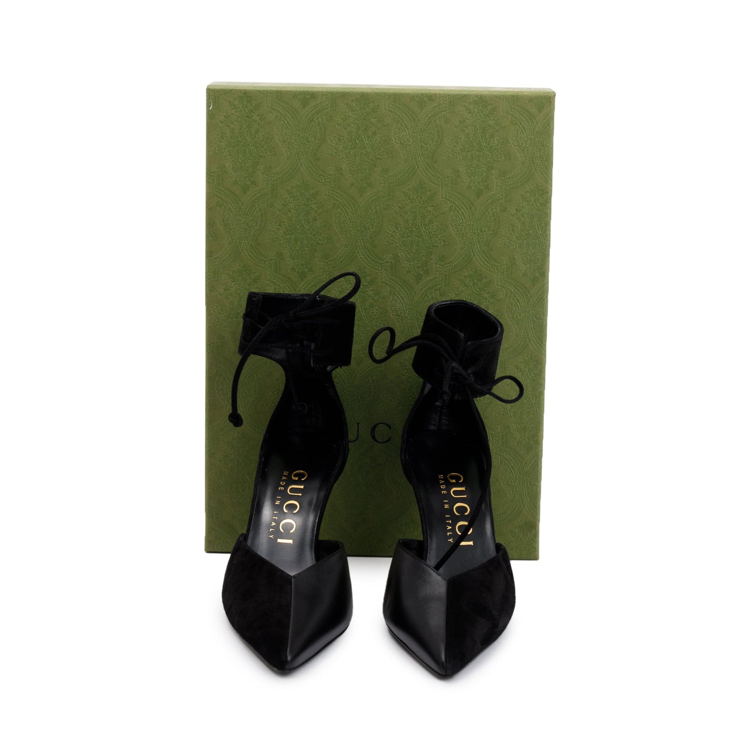 Gucci 2022 Black Suede & Nappa Leather Mid-Heel Lace-Up Pumps, Size 37.5