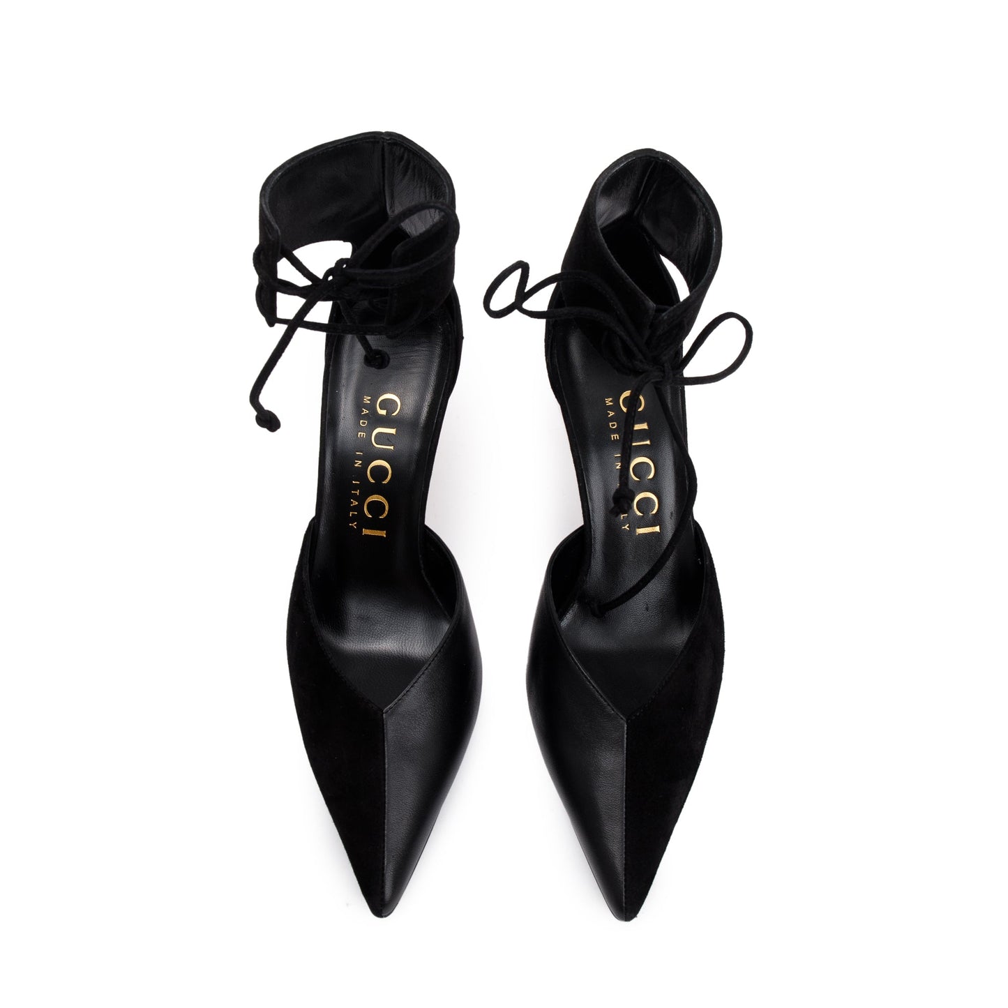 Gucci 2022 Black Suede & Nappa Leather Mid-Heel Lace-Up Pumps, Size 37.5