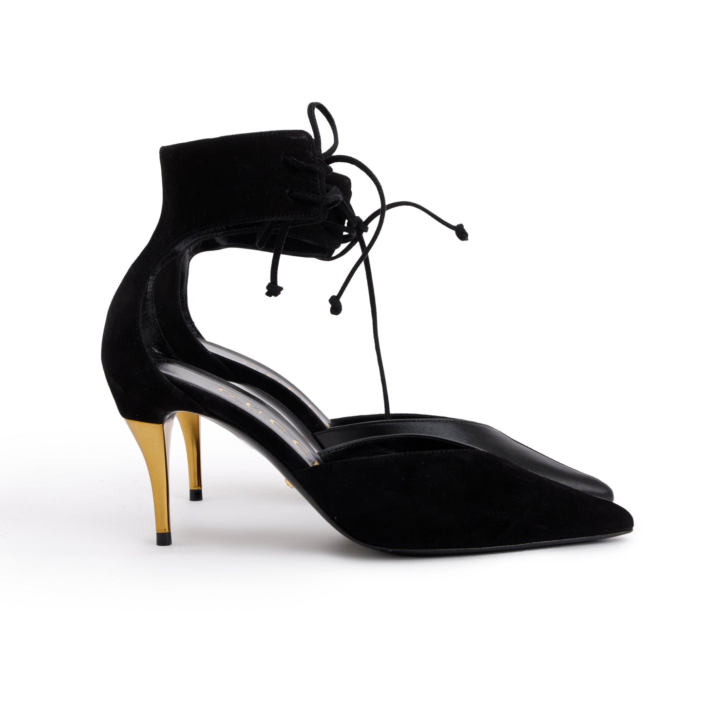 Gucci 2022 Black Suede & Nappa Leather Mid-Heel Lace-Up Pumps, Size 37.5