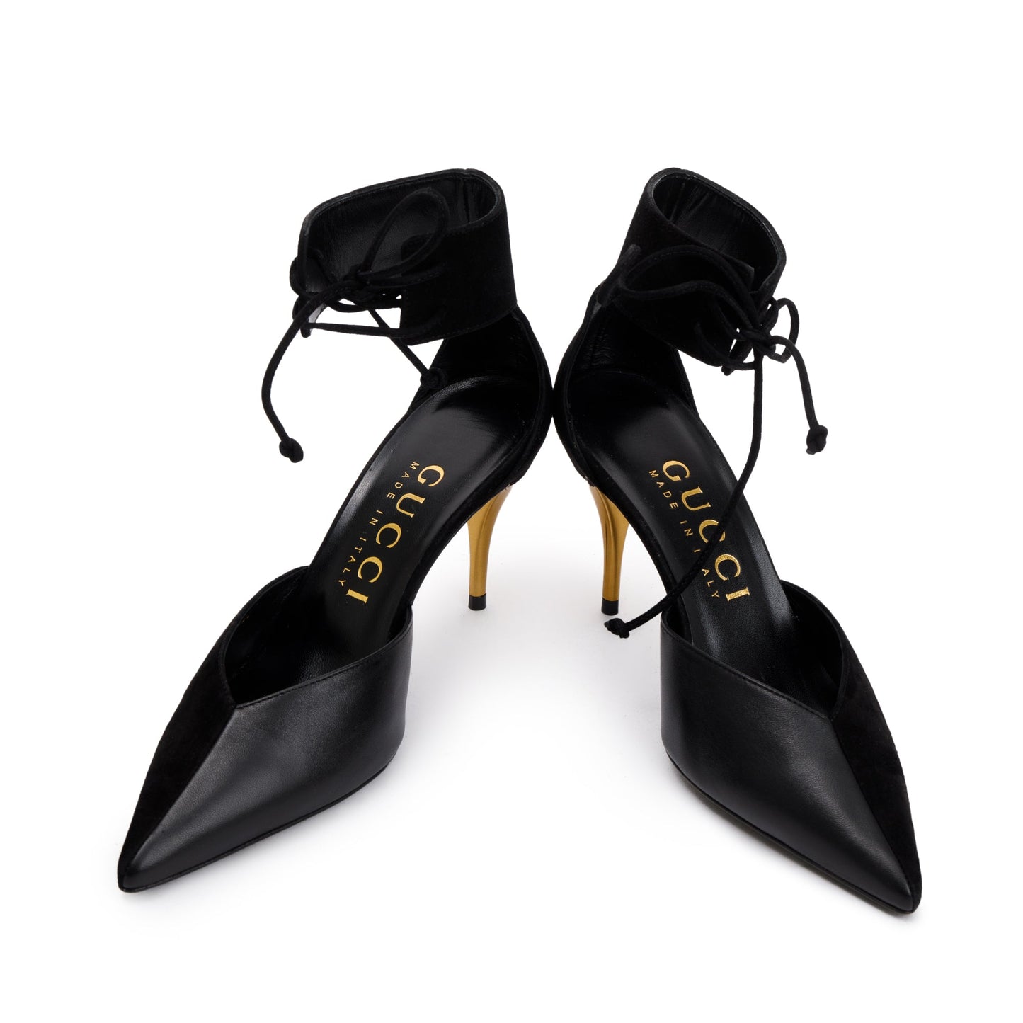 Gucci 2022 Black Suede & Nappa Leather Mid-Heel Lace-Up Pumps, Size 37.5