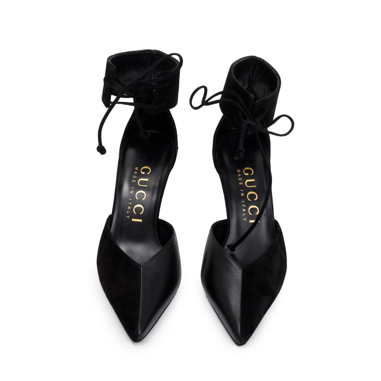 Gucci 2022 Black Suede & Nappa Leather Mid-Heel Lace-Up Pumps, Size 37.5