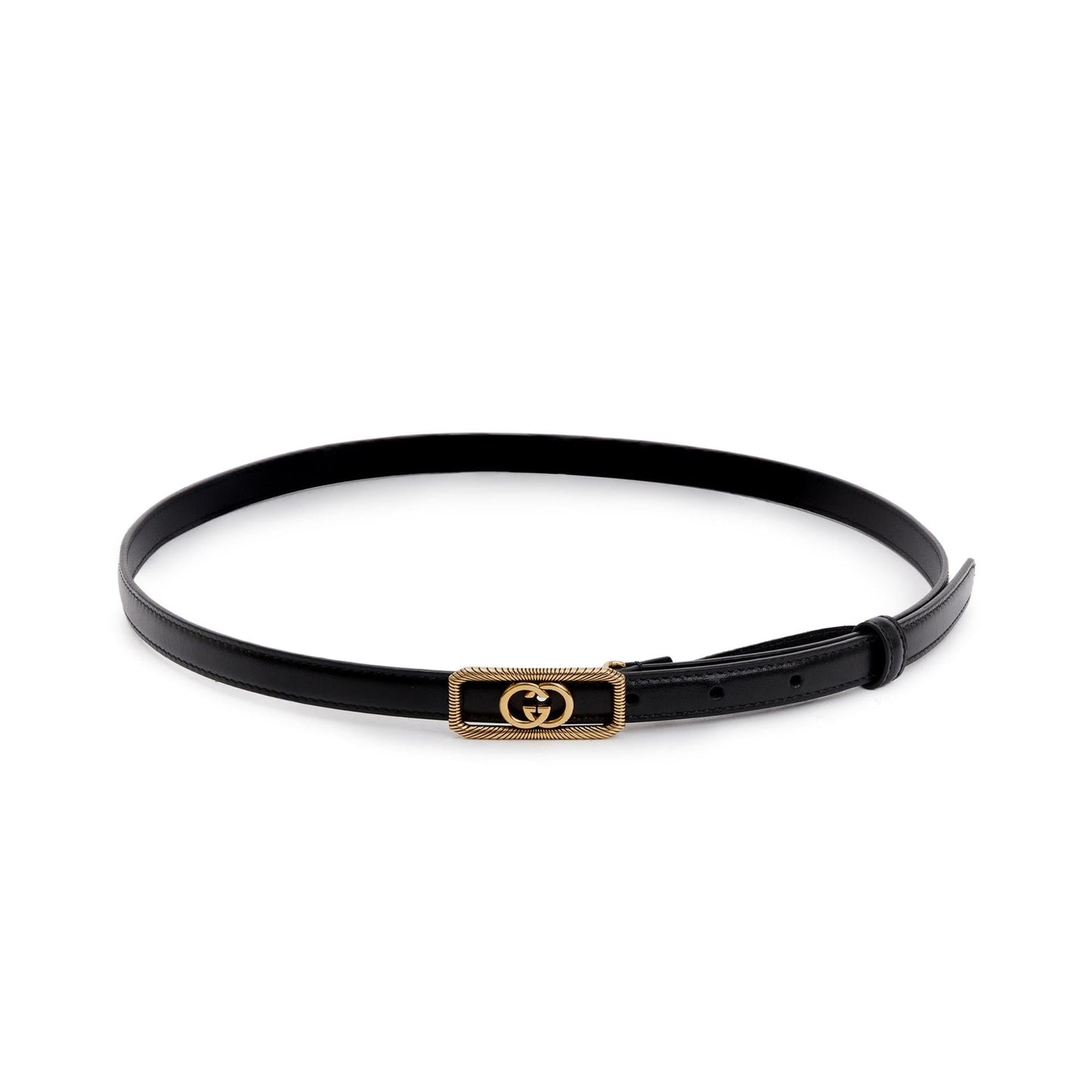 Gucci 2023 Black Leather Thin Belt with Interlocking G Buckle, 90 36