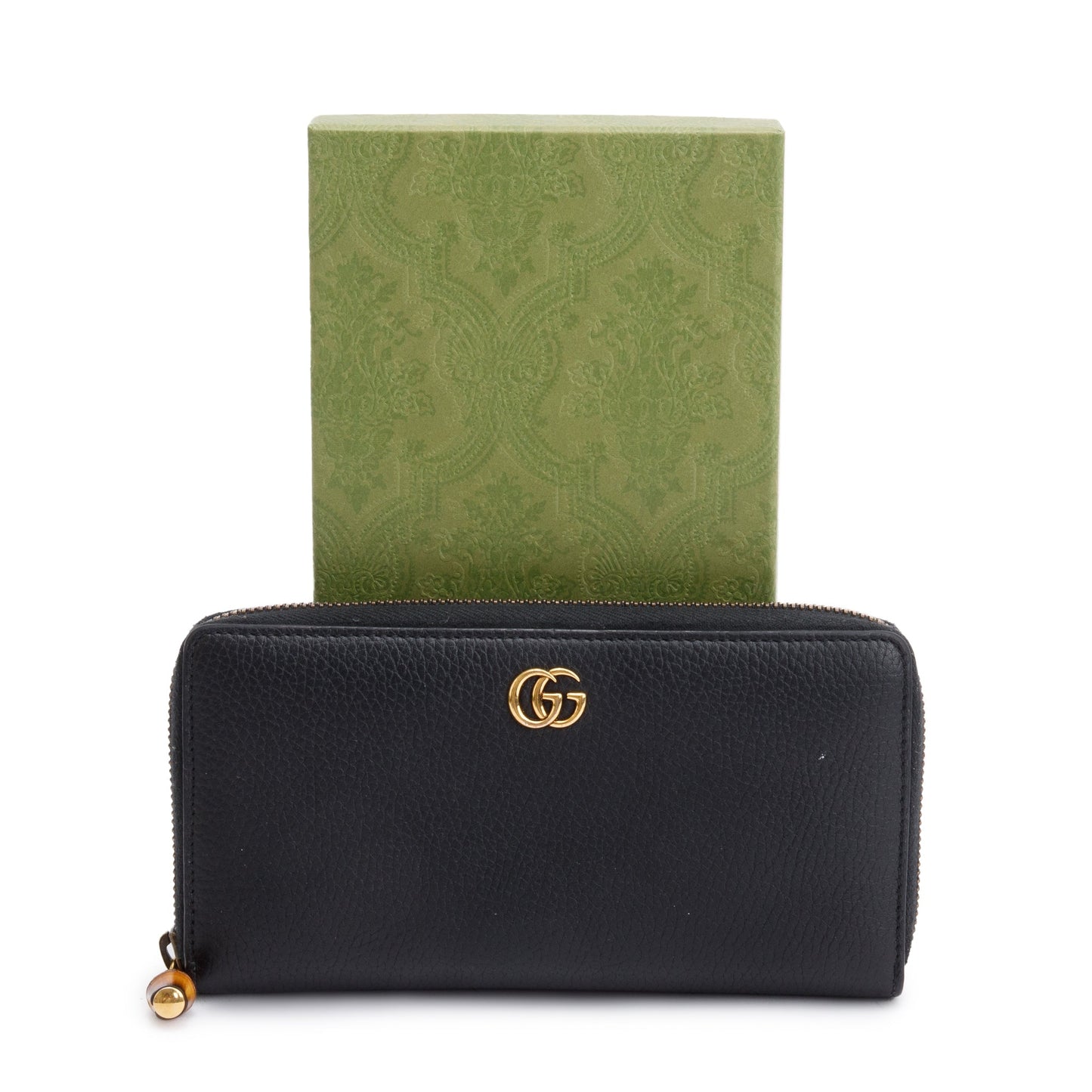 Gucci 2023 Black Leather Zip Around Wallet With Bamboo