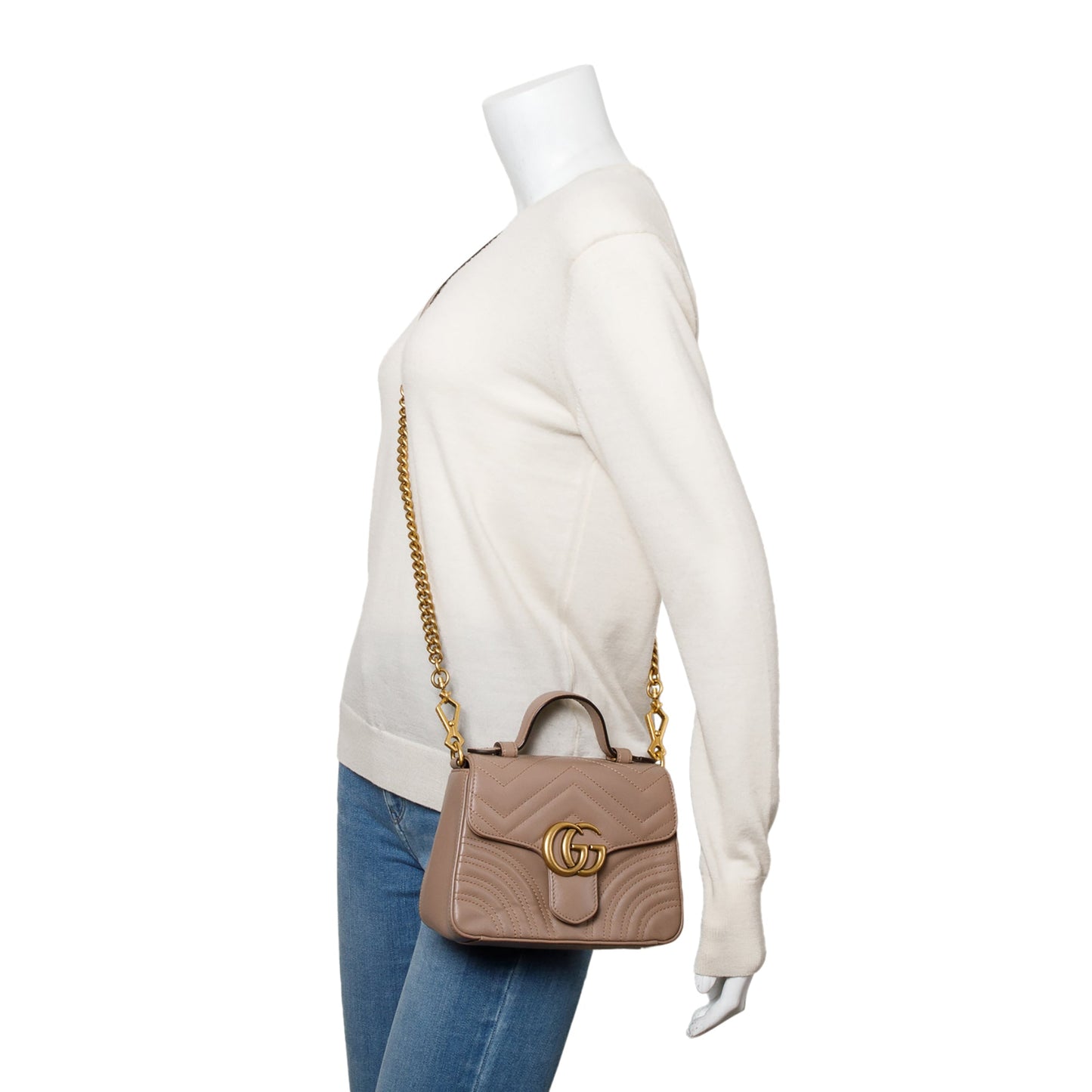 Gucci Beige Calfskin Matelasse GG Marmont Mini Top Handle Shoulder Bag
