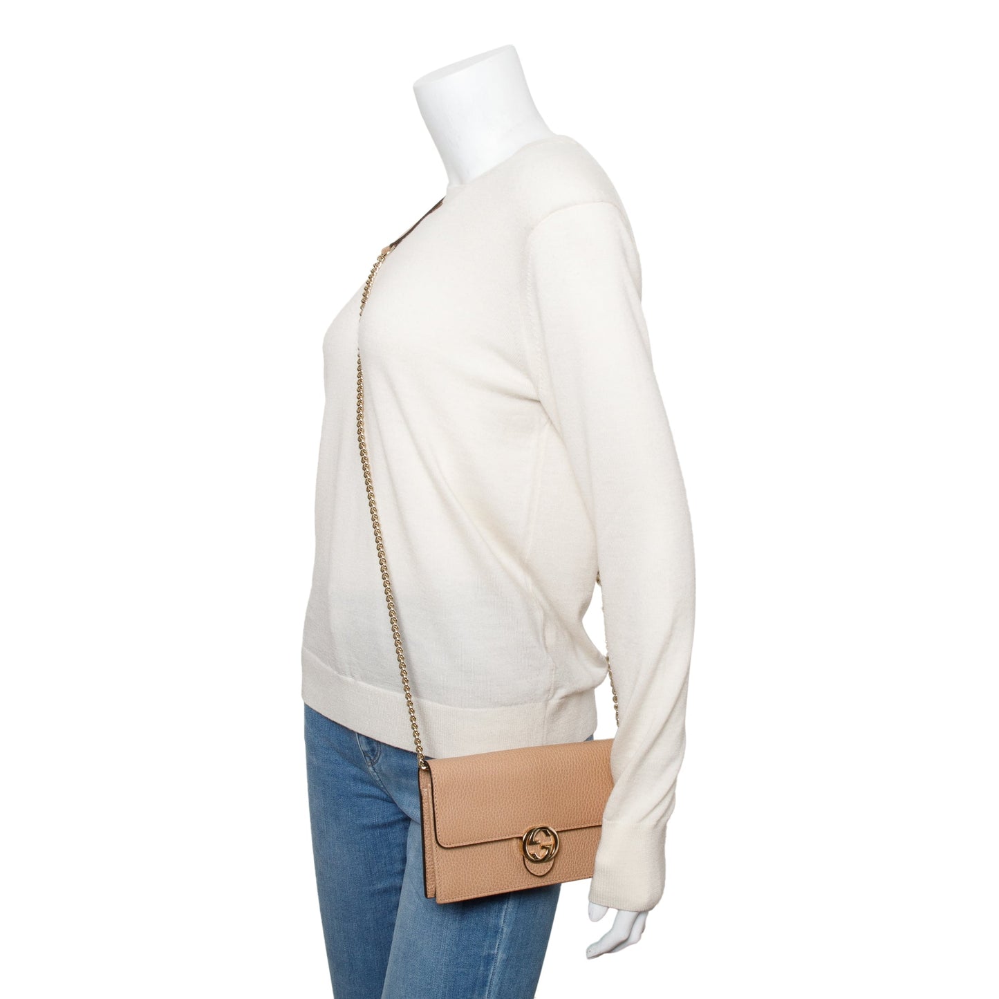 Gucci Beige Dollar Calfskin Leather Interlocking GG Wallet on Chain