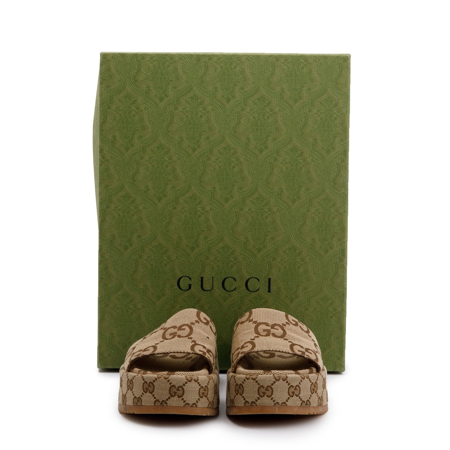 Gucci Beige& Ebony Maxi GG Canvas Patform Slide Sandal, Size 36