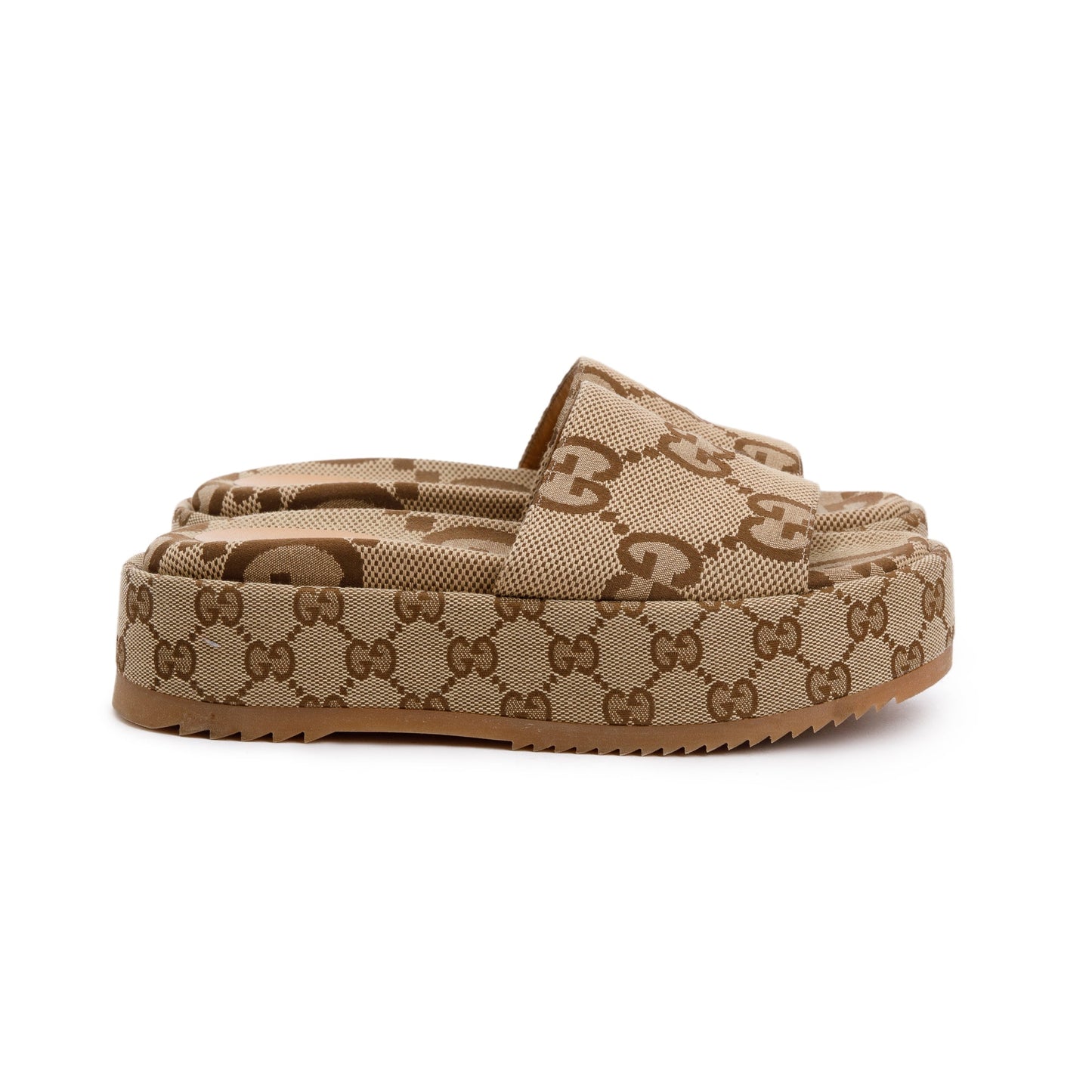 Gucci Beige& Ebony Maxi GG Canvas Patform Slide Sandal, Size 36