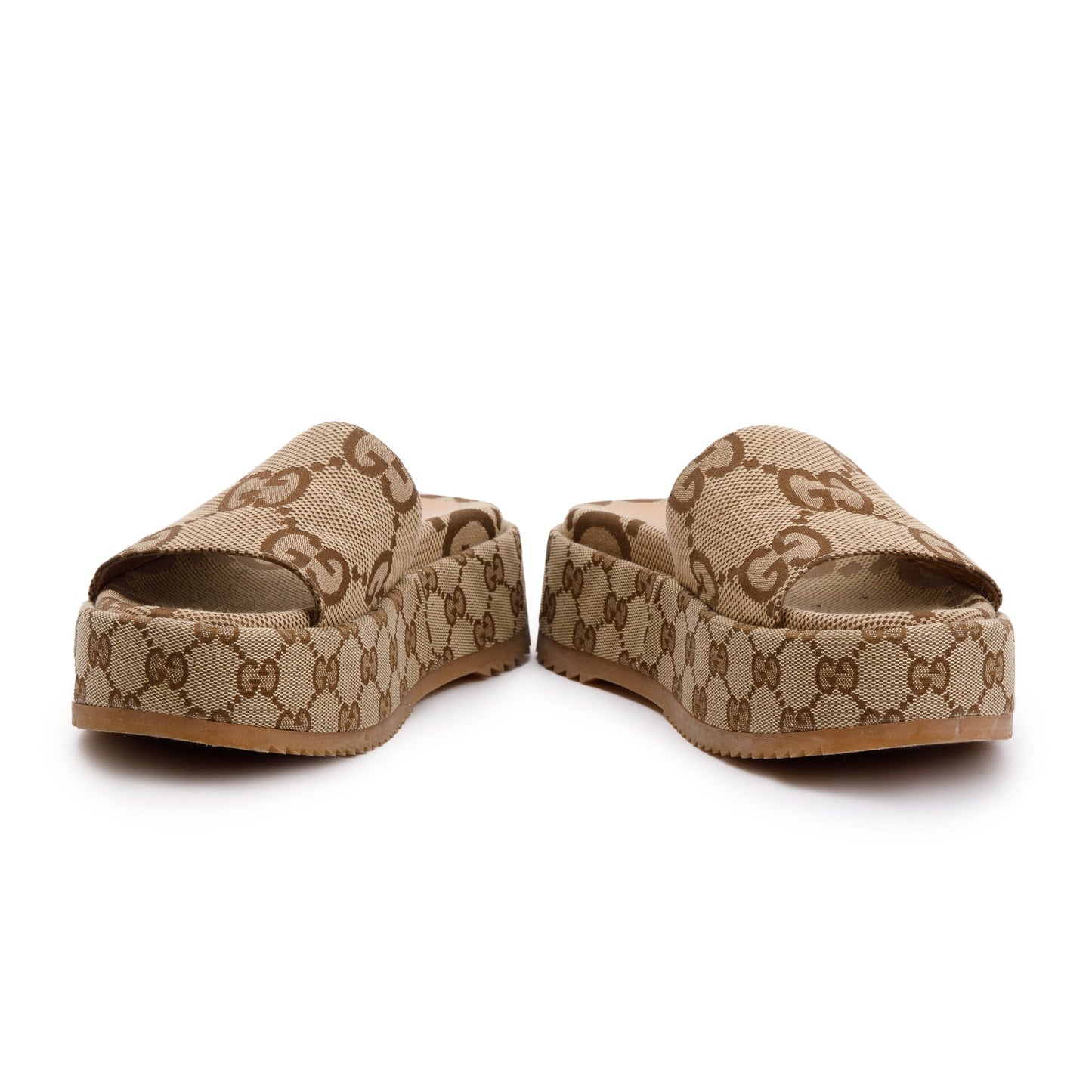 Gucci Beige& Ebony Maxi GG Canvas Patform Slide Sandal, Size 36