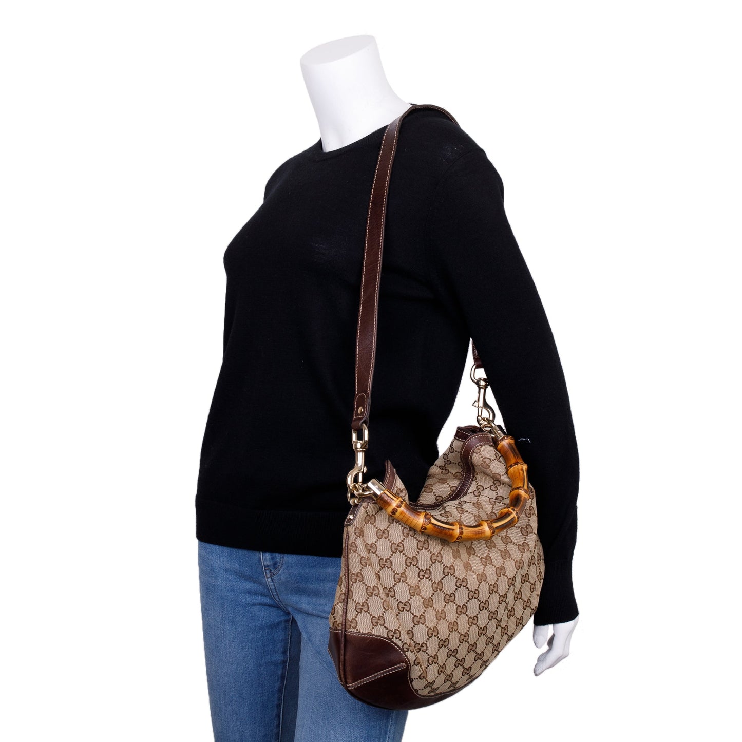 Gucci Beige GG Canvas Medium Peggy Bamboo Top Handle Bag
