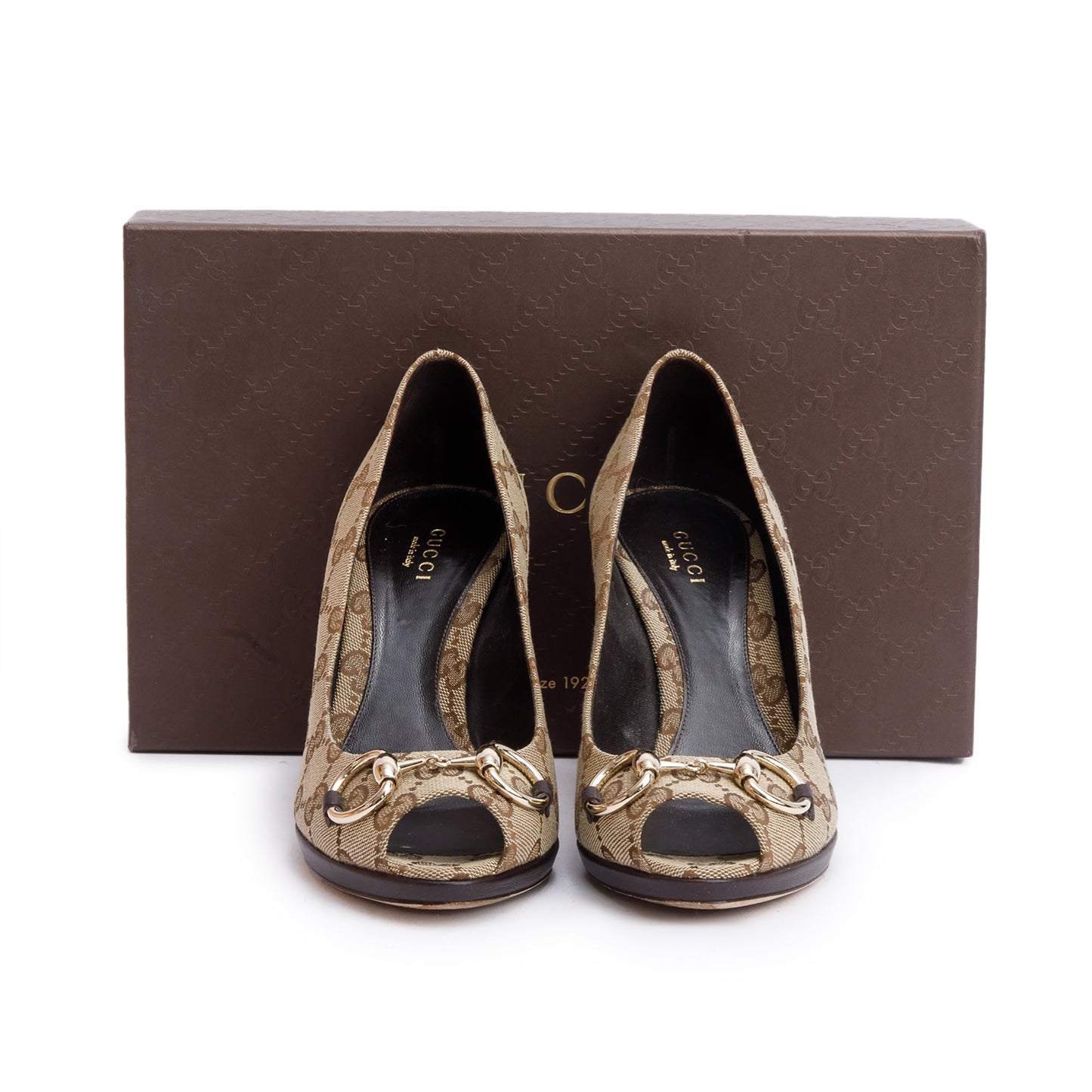 Gucci Beige GG Canvas New Hollywood Horsebit Peep-Toe Pumps, Size 37