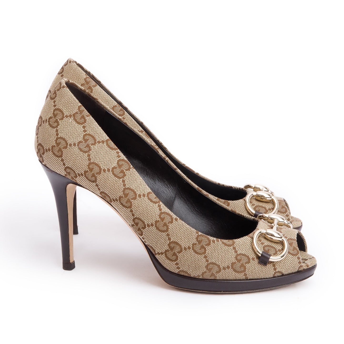 Gucci Beige GG Canvas New Hollywood Horsebit Peep-Toe Pumps, Size 37