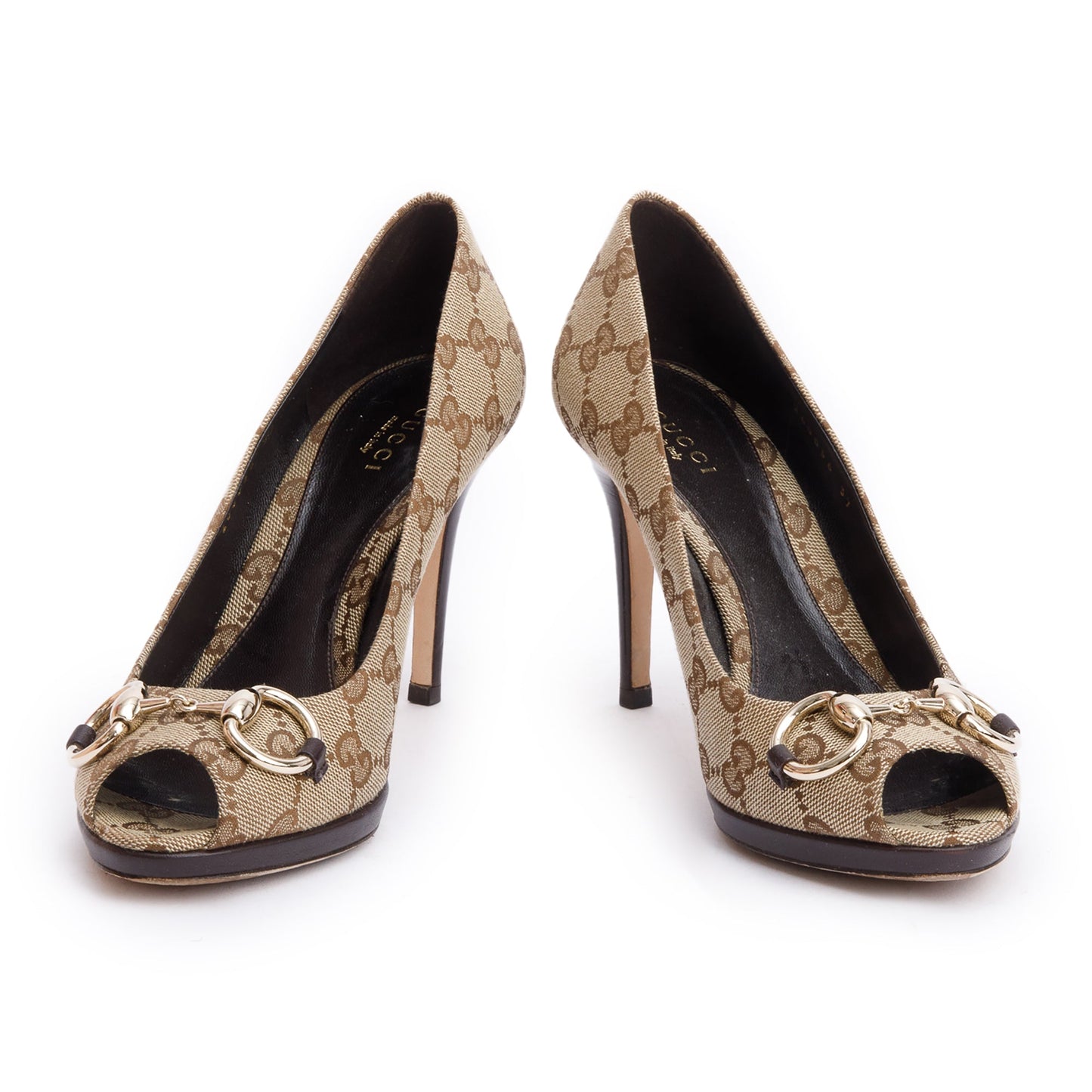 Gucci Beige GG Canvas New Hollywood Horsebit Peep-Toe Pumps, Size 37