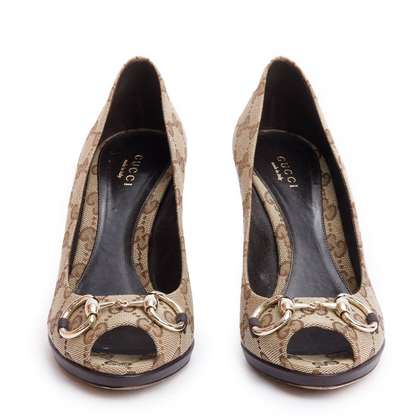 Gucci Beige GG Canvas New Hollywood Horsebit Peep-Toe Pumps, Size 37