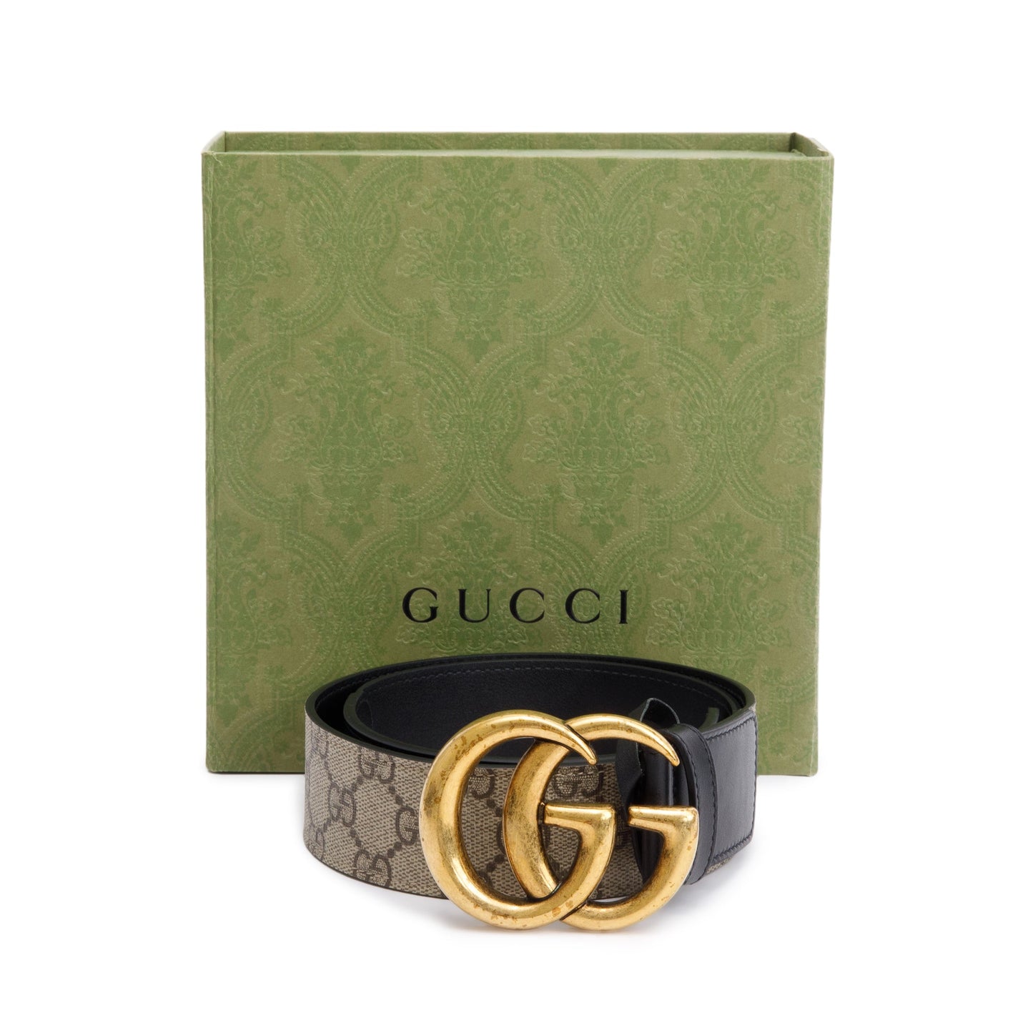 Gucci Beige GG Supreme Black Leather Double G Wide Belt 75 30