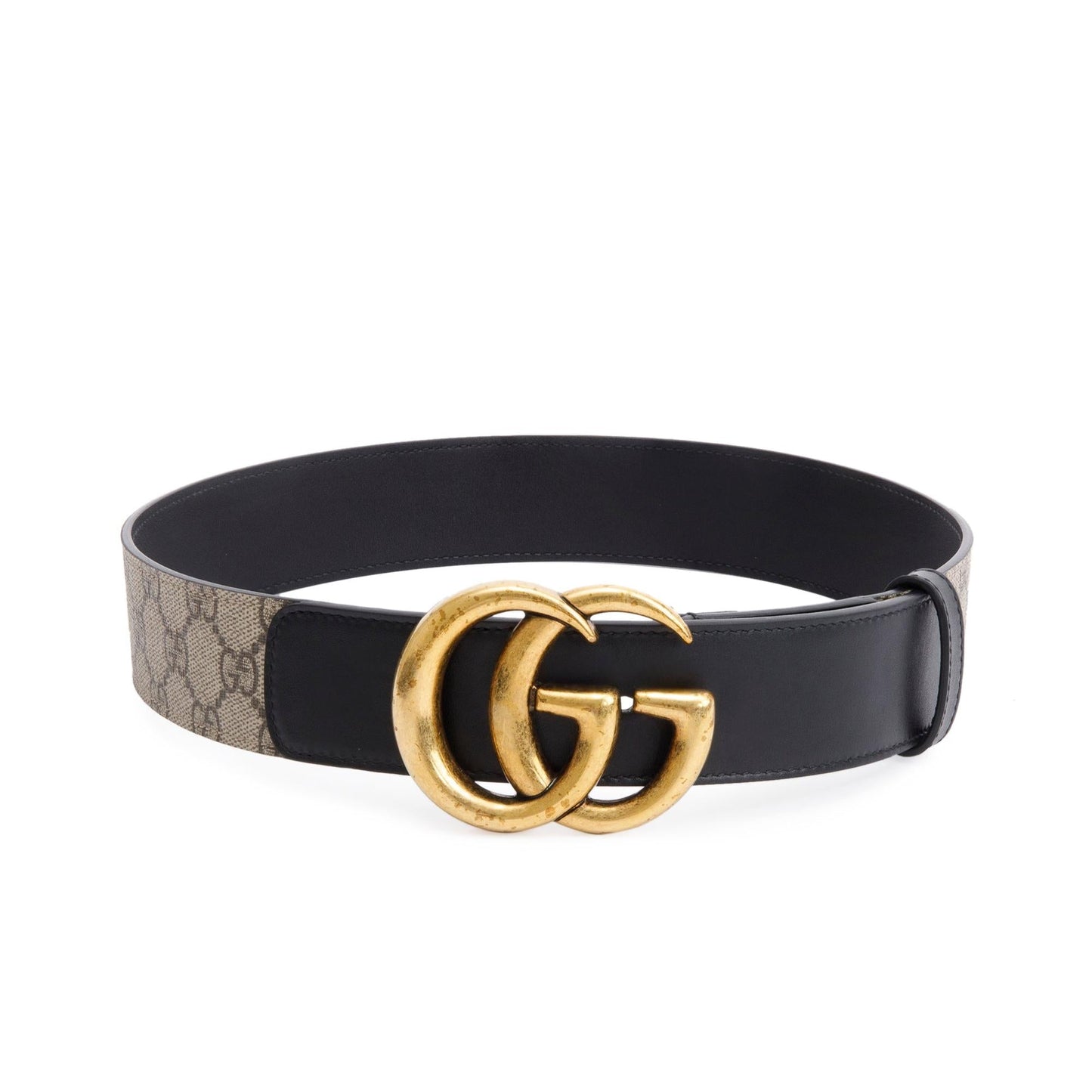 Gucci Beige GG Supreme Black Leather Double G Wide Belt 75 30