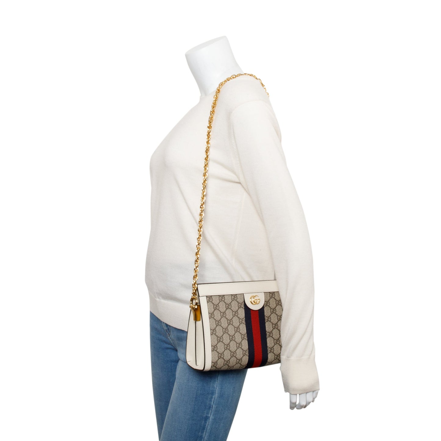 Gucci Beige GG Supreme White Leather Ophidia GG Small Shoulder Bag