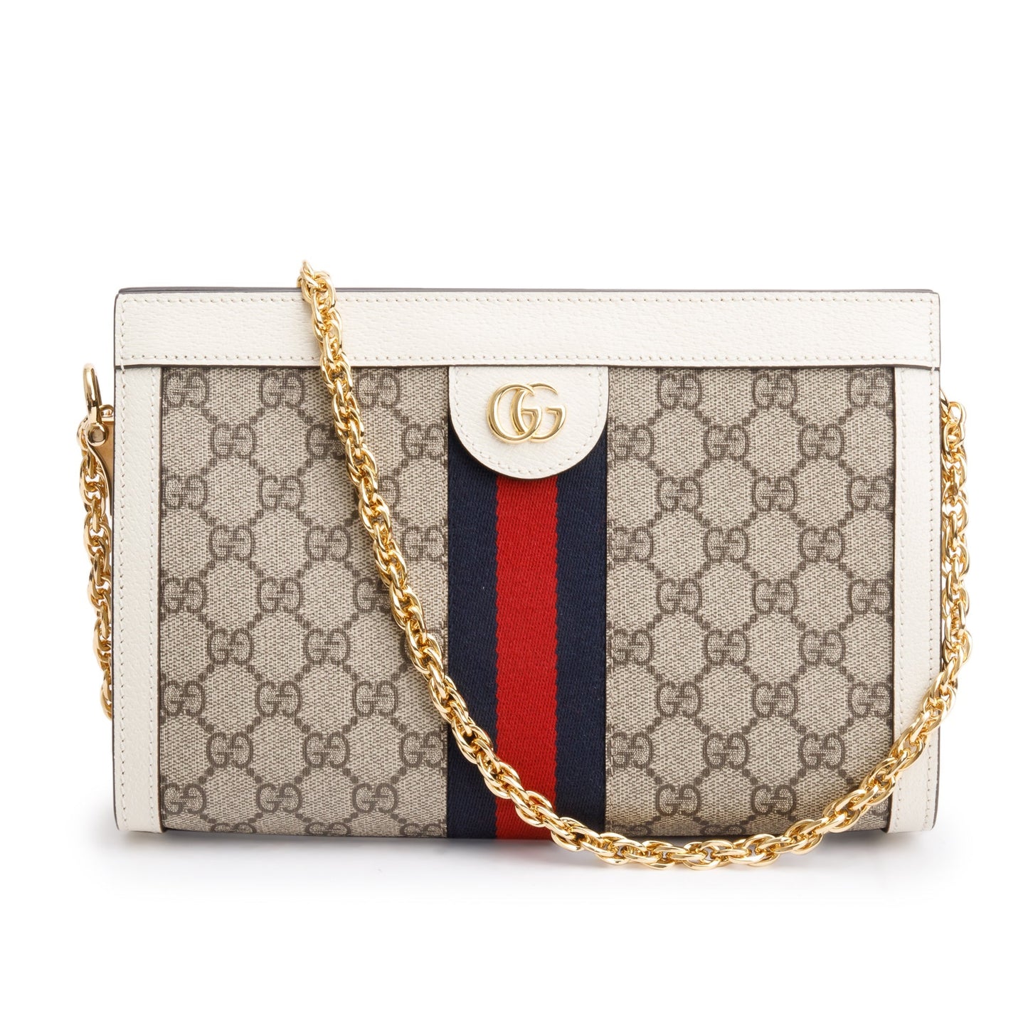 Gucci Beige GG Supreme White Leather Ophidia GG Small Shoulder Bag