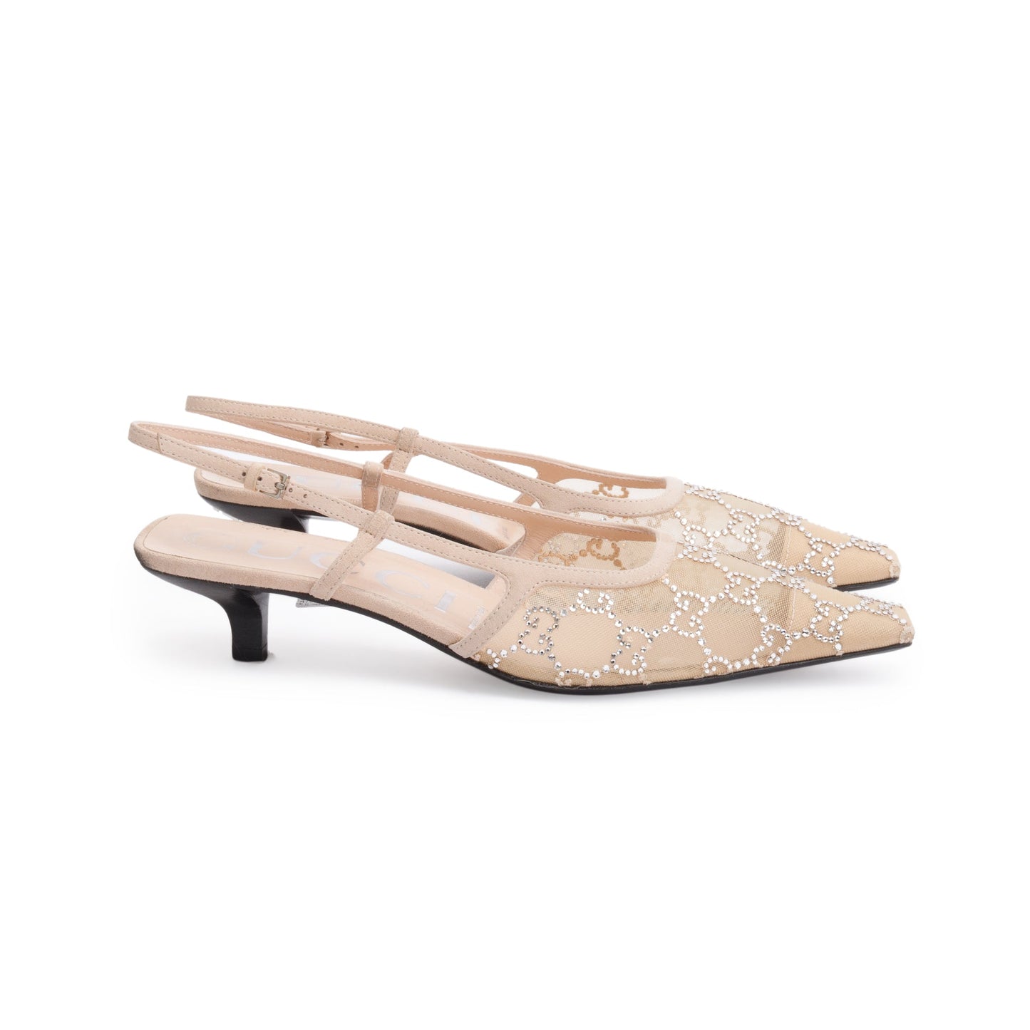Gucci Beige Mesh & Suede GG Crystal Slingback Ballet Flats, Size 39