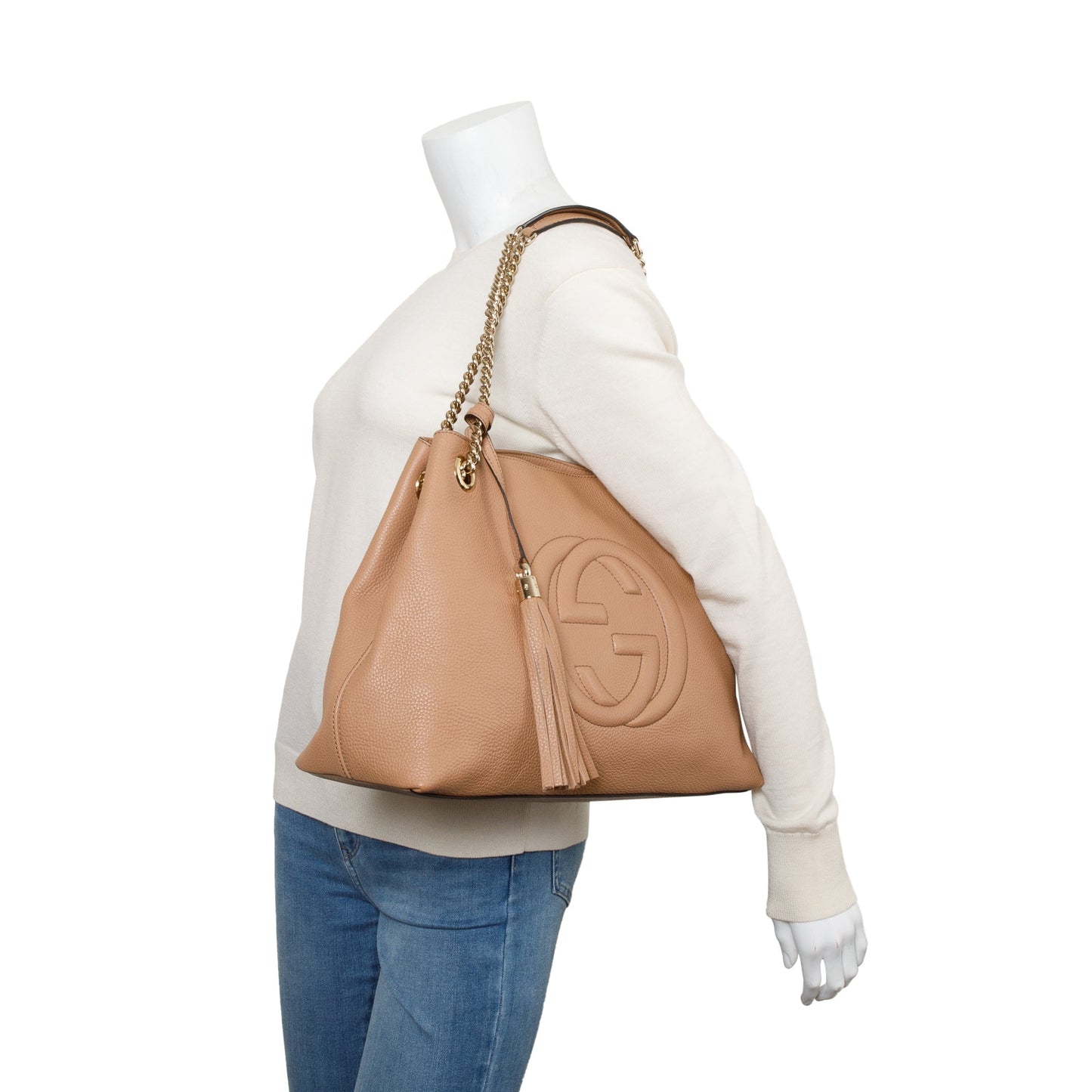 Gucci Beige Pebbled Calfksin Leather Medium Soho Chain Tote