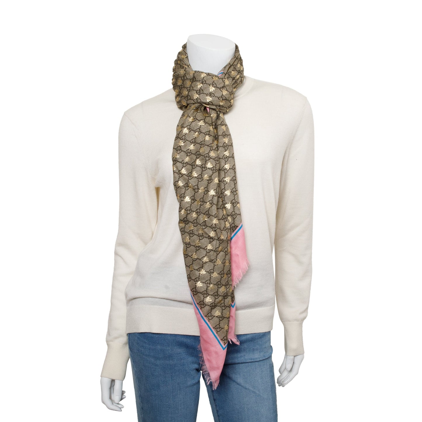 Gucci Beige/ Pink Jacquard GG Bees Silk Shawl Scarf