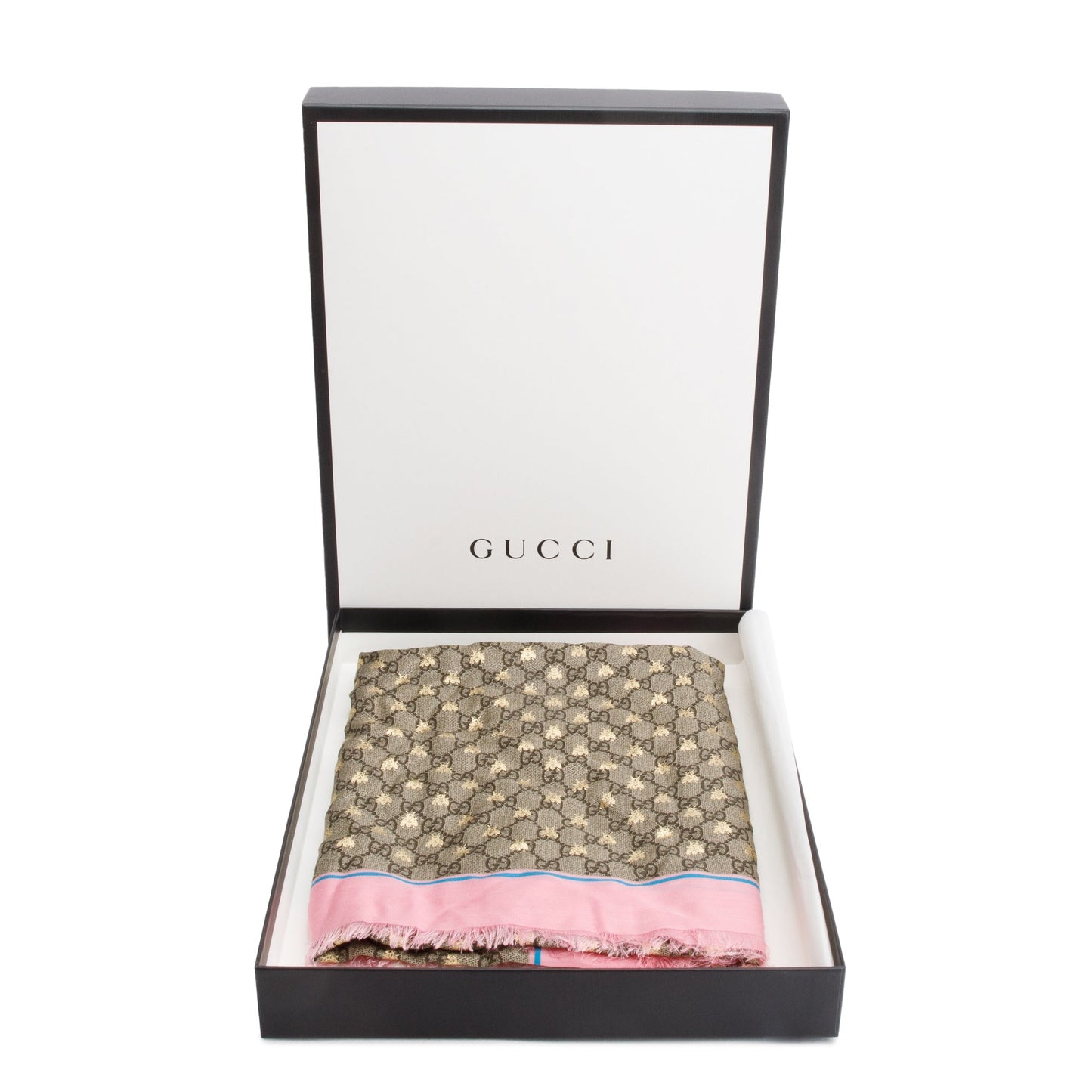 Gucci Beige/ Pink Jacquard GG Bees Silk Shawl Scarf
