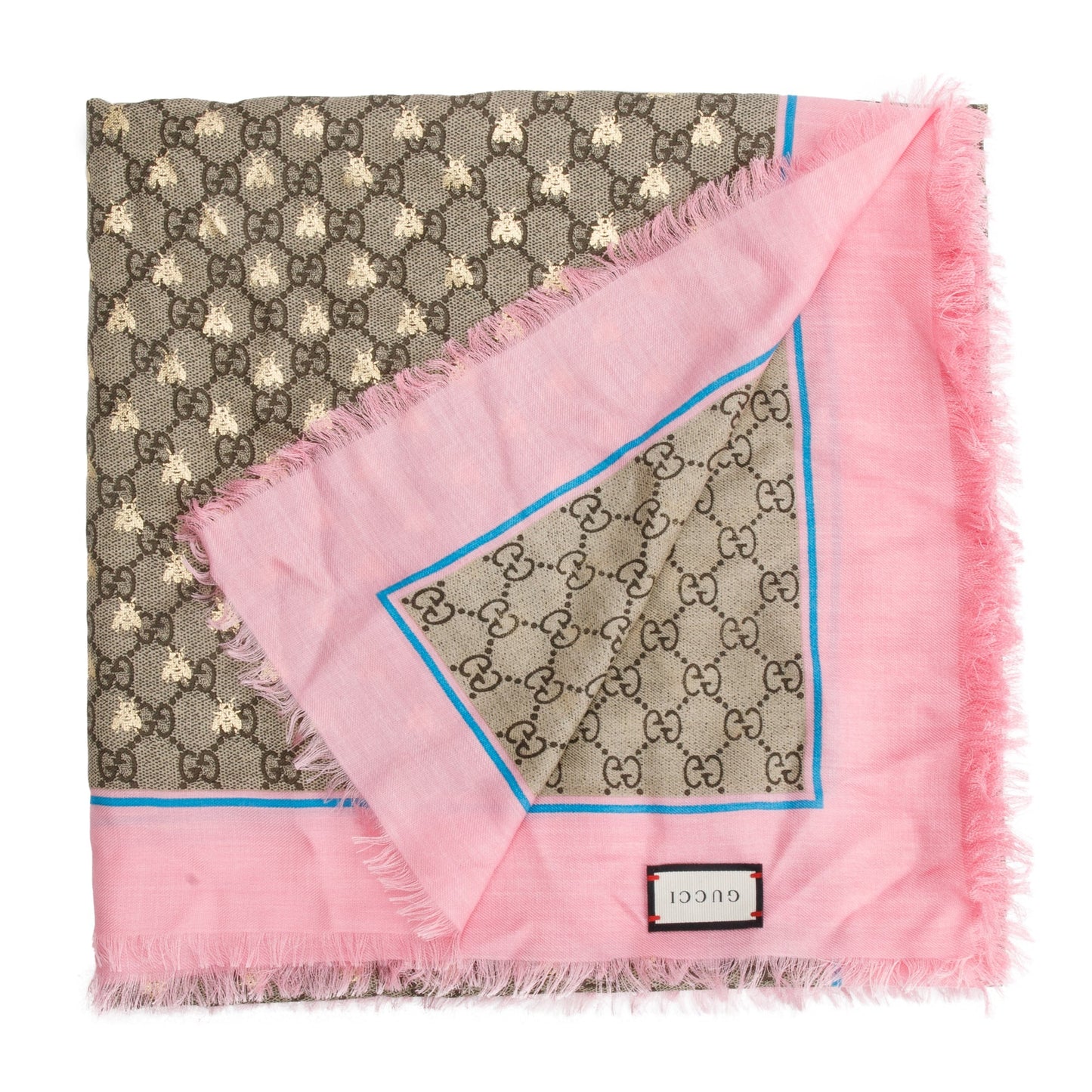 Gucci Beige/ Pink Jacquard GG Bees Silk Shawl Scarf