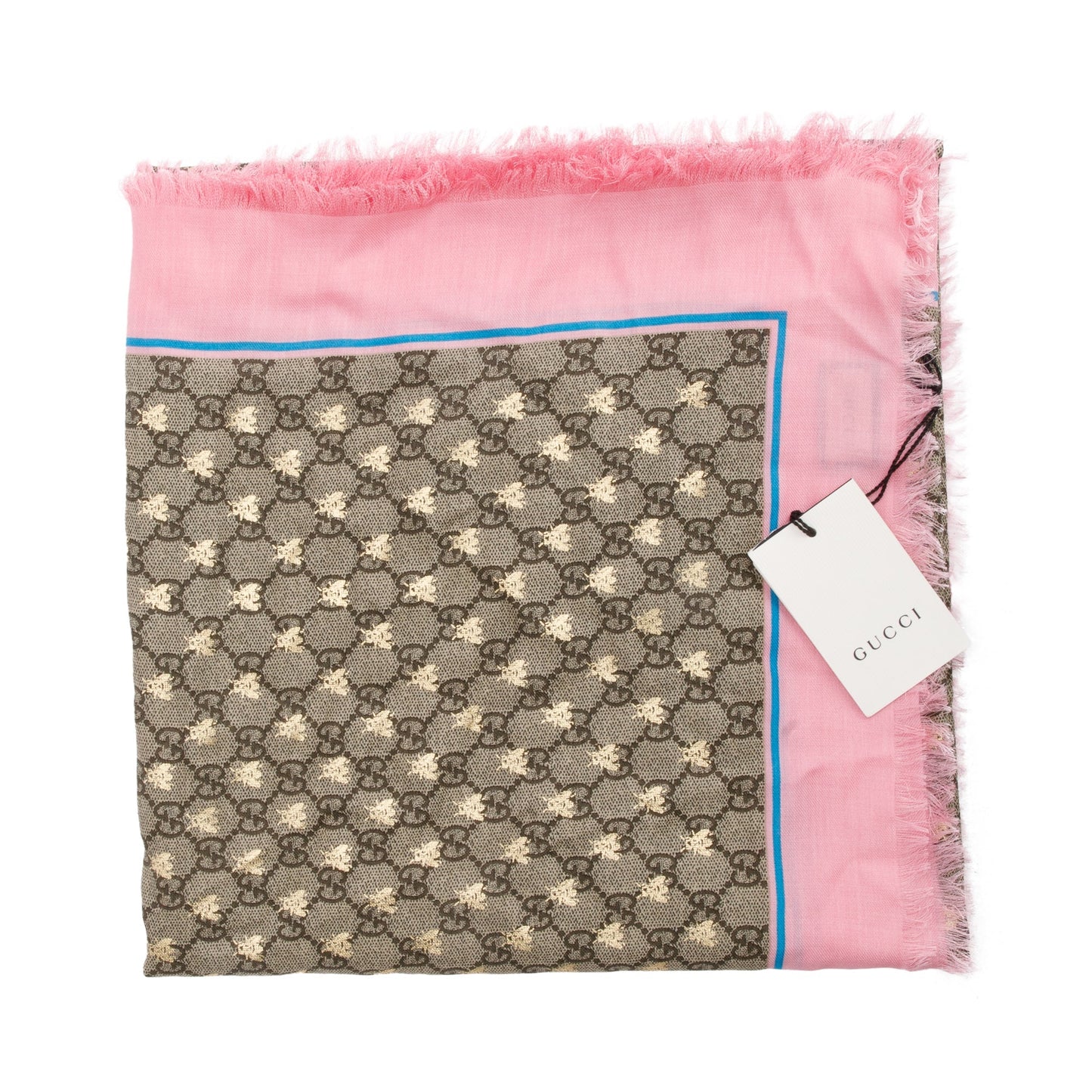 Gucci Beige/ Pink Jacquard GG Bees Silk Shawl Scarf