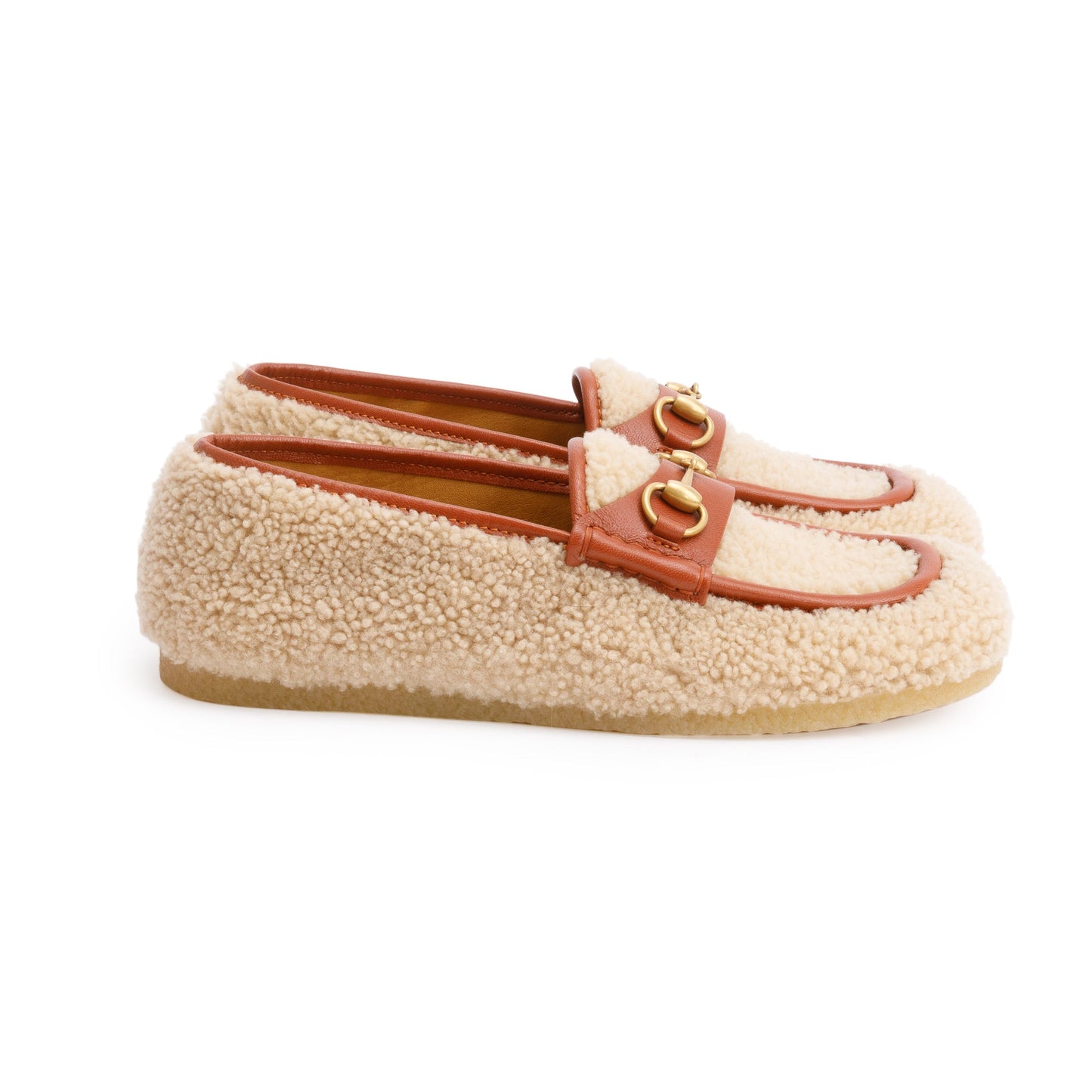 Gucci Beige Shearling Horsebit Accent Loafers, Size 9.5