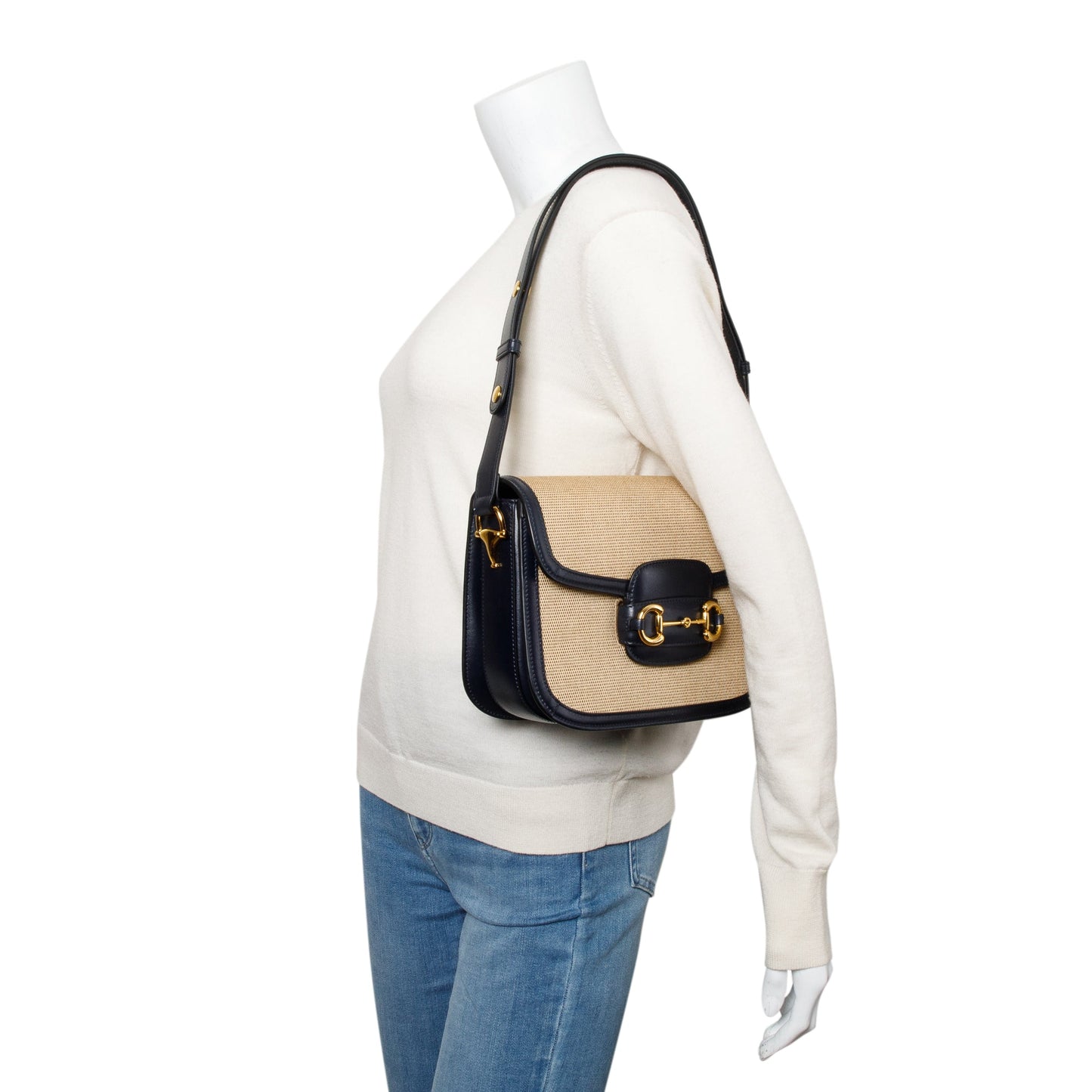 Gucci Beige Vintage Rice Canvas Black Leather Trim Horsebit 1955 Small Shoulder Bag