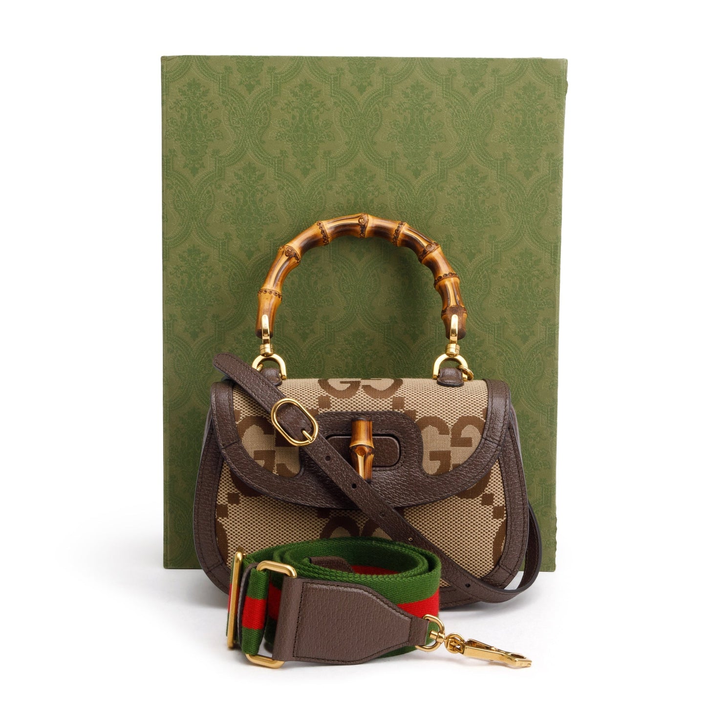 Gucci Beige/Brown Jumbo GG Canvas Bamboo 1947 Small Top Handle Bag