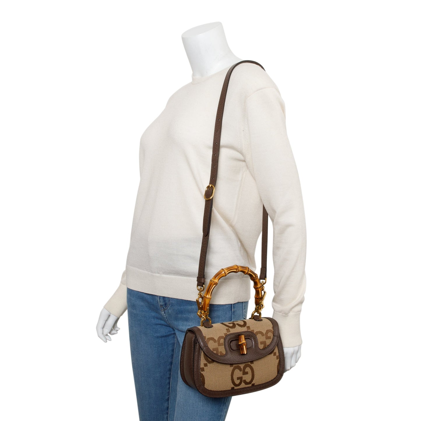 Gucci Beige/Brown Jumbo GG Canvas Bamboo 1947 Small Top Handle Bag