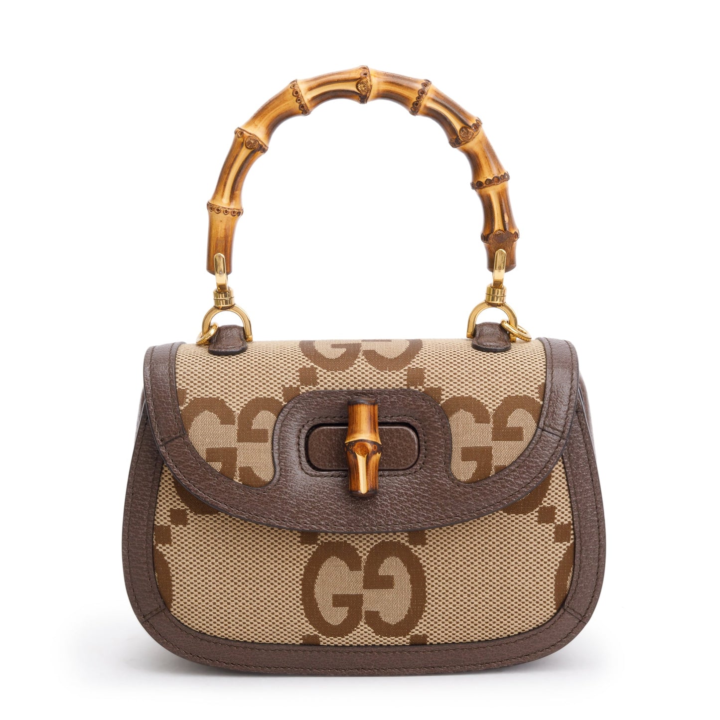 Gucci Beige/Brown Jumbo GG Canvas Bamboo 1947 Small Top Handle Bag