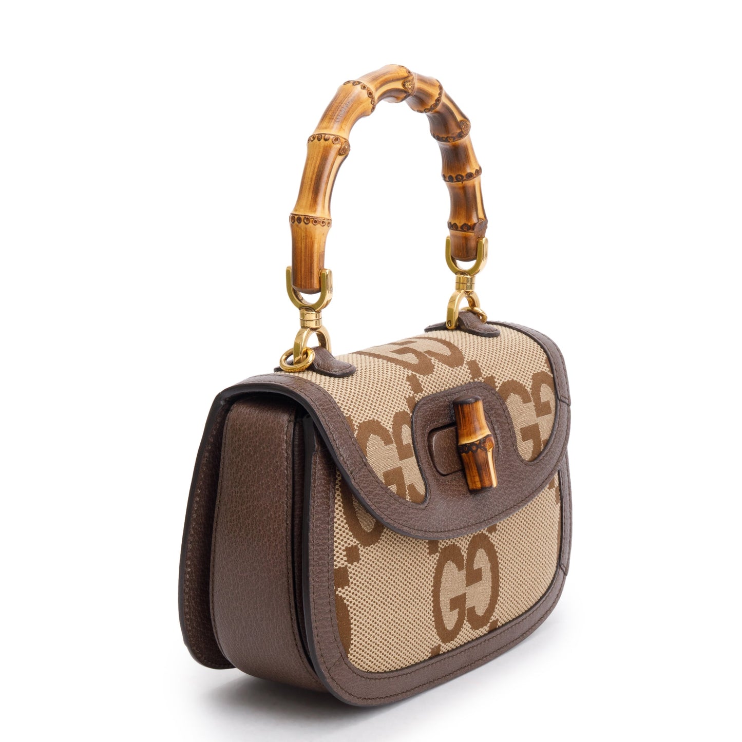 Gucci Beige/Brown Jumbo GG Canvas Bamboo 1947 Small Top Handle Bag