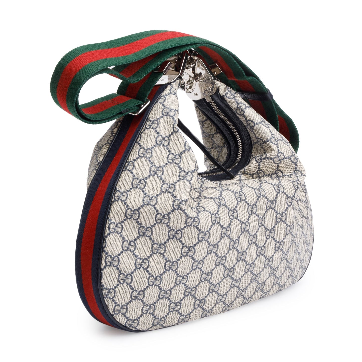 Gucci Beige/Navy GG Supreme Web Attache Medium Hobo Bag
