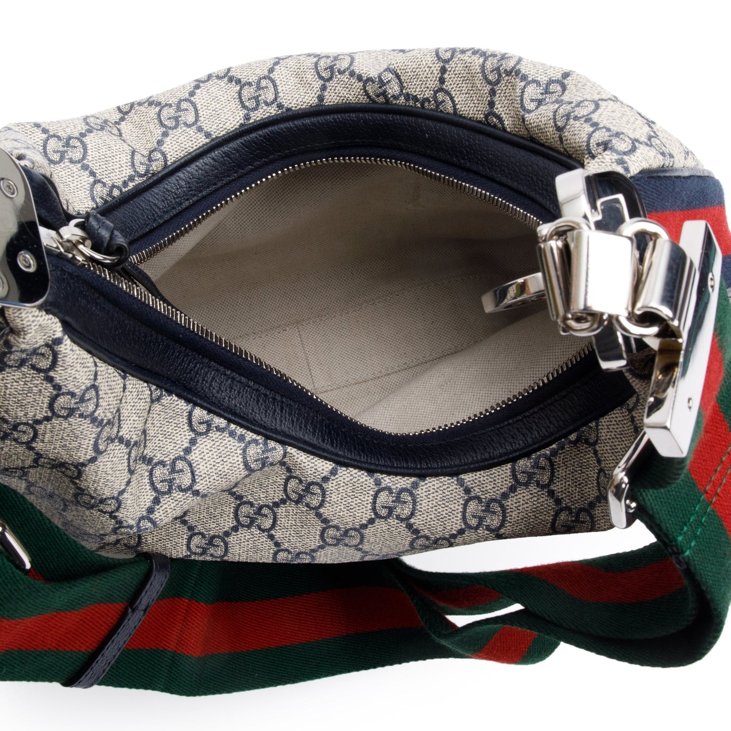 Gucci Beige/Navy GG Supreme Web Attache Medium Hobo Bag
