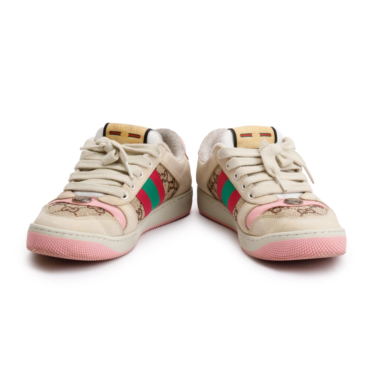 Gucci Beige/Pink Leather Web Canvas Screeners GG Sneakers, Size 37