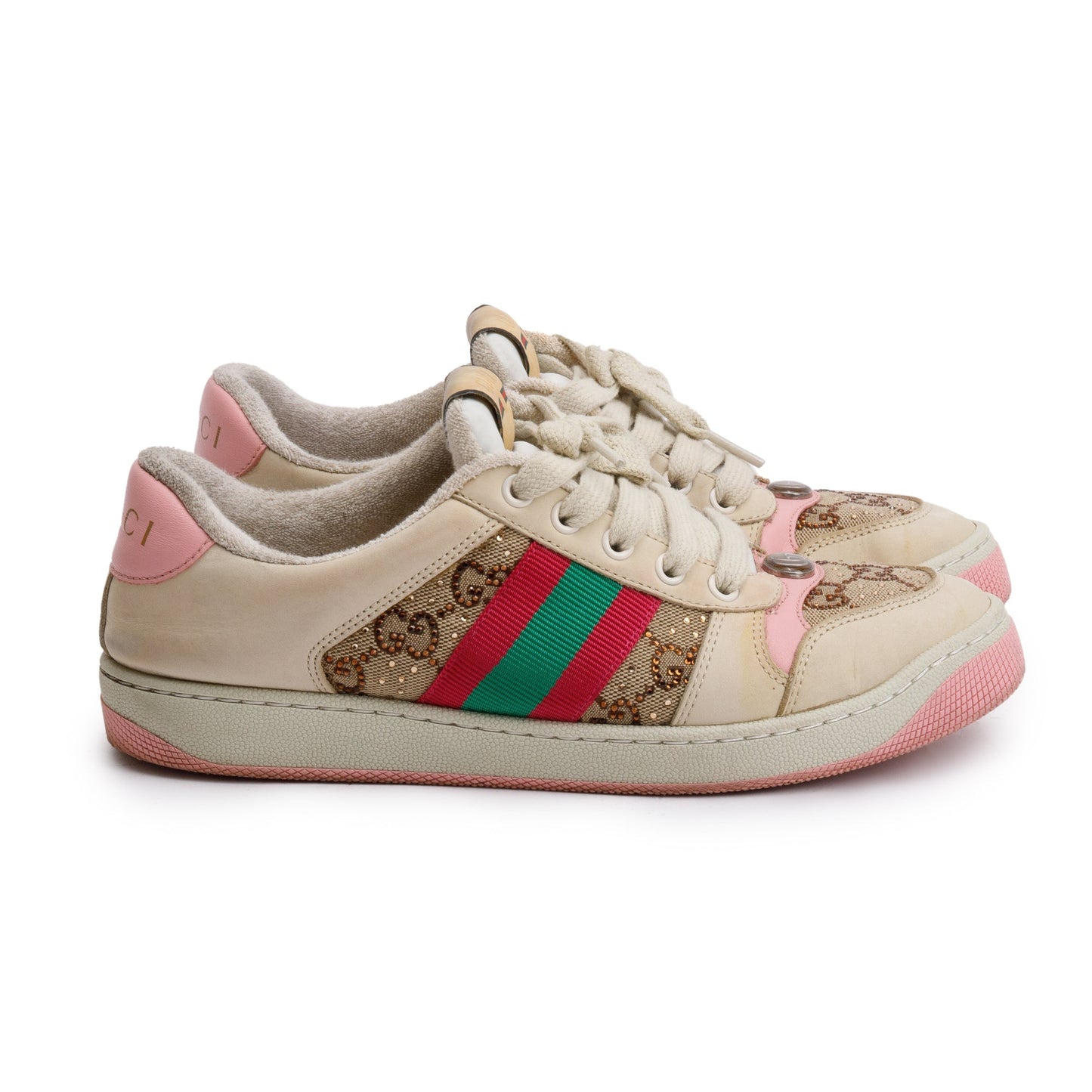 Gucci Beige/Pink Leather Web Canvas Screeners GG Sneakers, Size 37