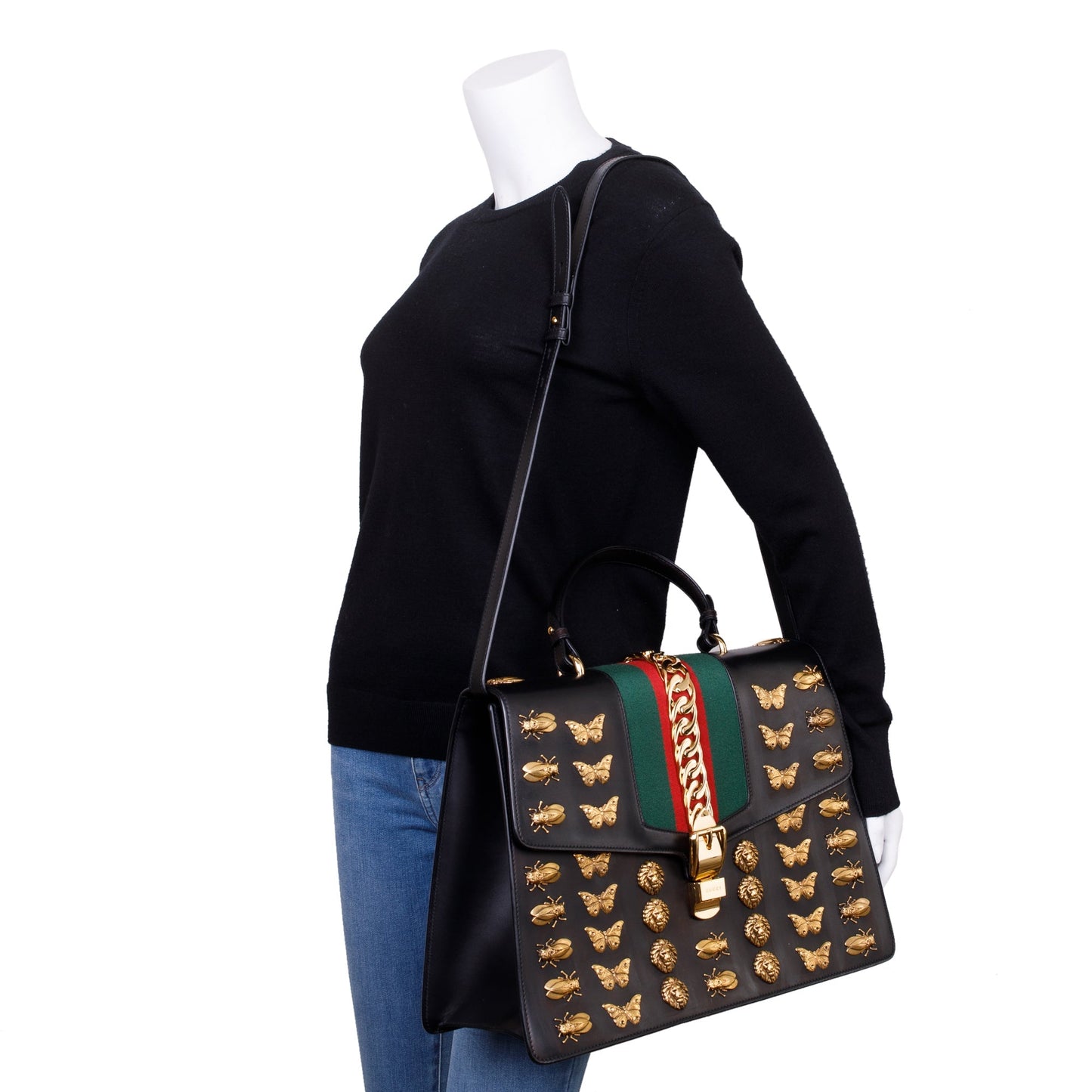 Gucci Black Calfskin Leather Animal Studs Maxi Sylvie Handle Bag