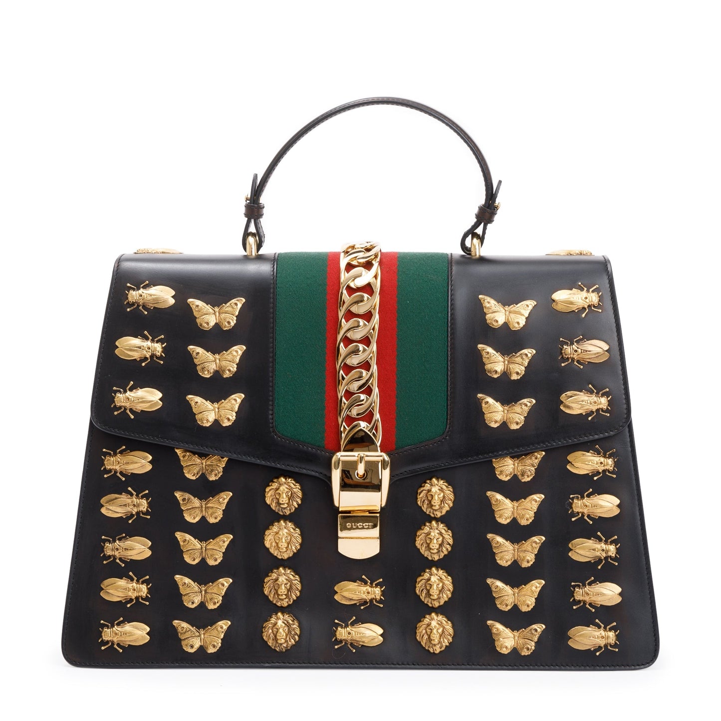 Gucci Black Calfskin Leather Animal Studs Maxi Sylvie Handle Bag