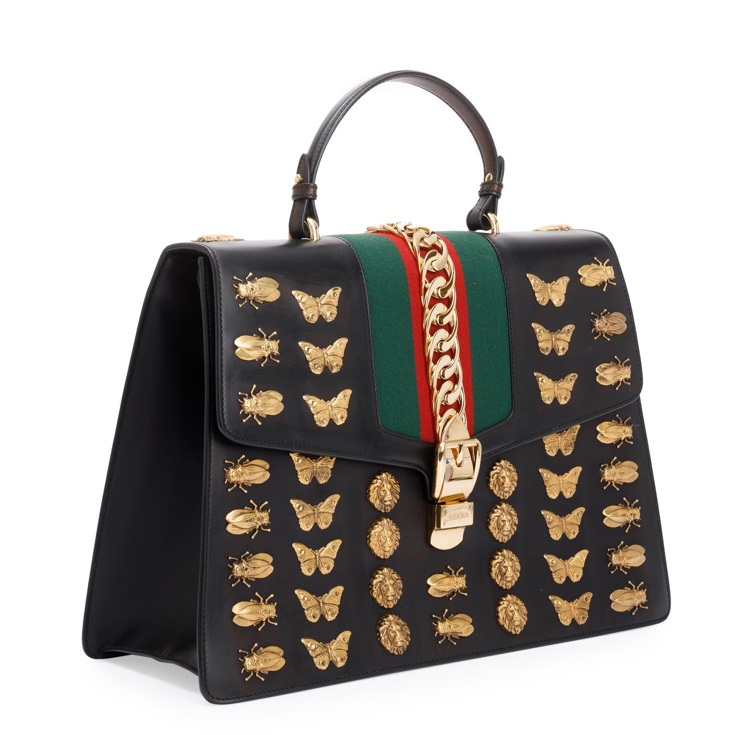 Gucci Black Calfskin Leather Animal Studs Maxi Sylvie Handle Bag