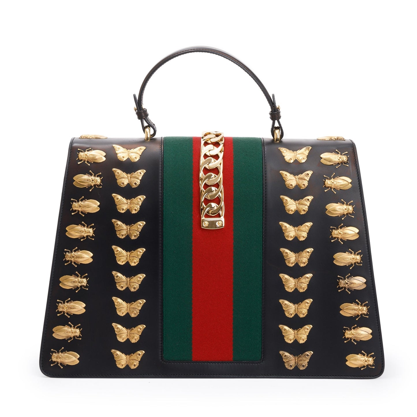 Gucci Black Calfskin Leather Animal Studs Maxi Sylvie Handle Bag