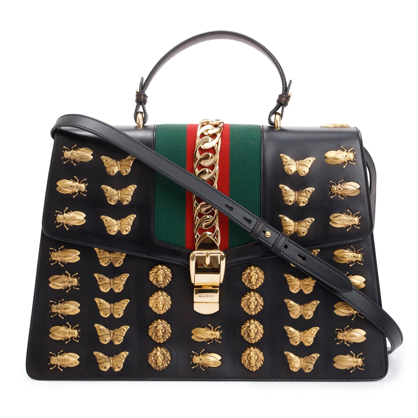 Gucci Black Calfskin Leather Animal Studs Maxi Sylvie Handle Bag