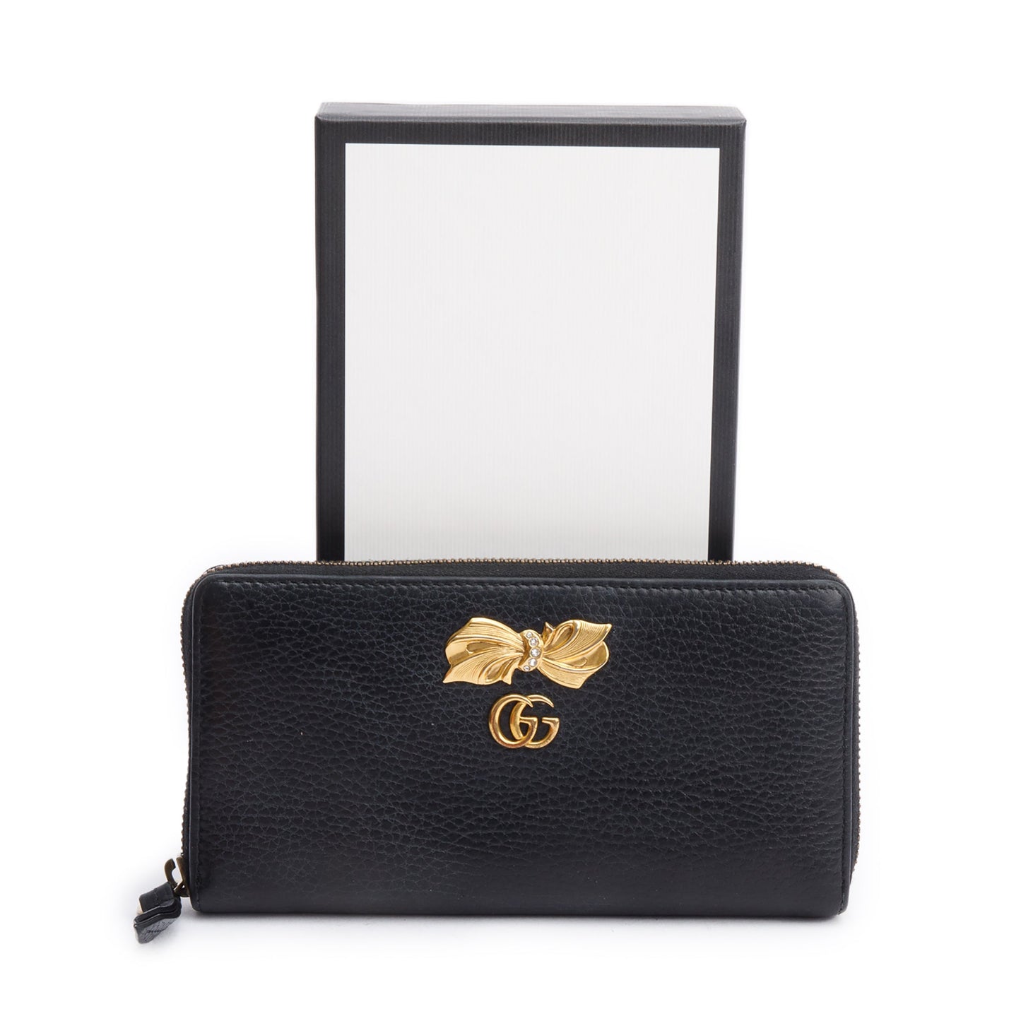 Gucci Black Calfskin Leather GG Marmont Bow Zip Around Wallet