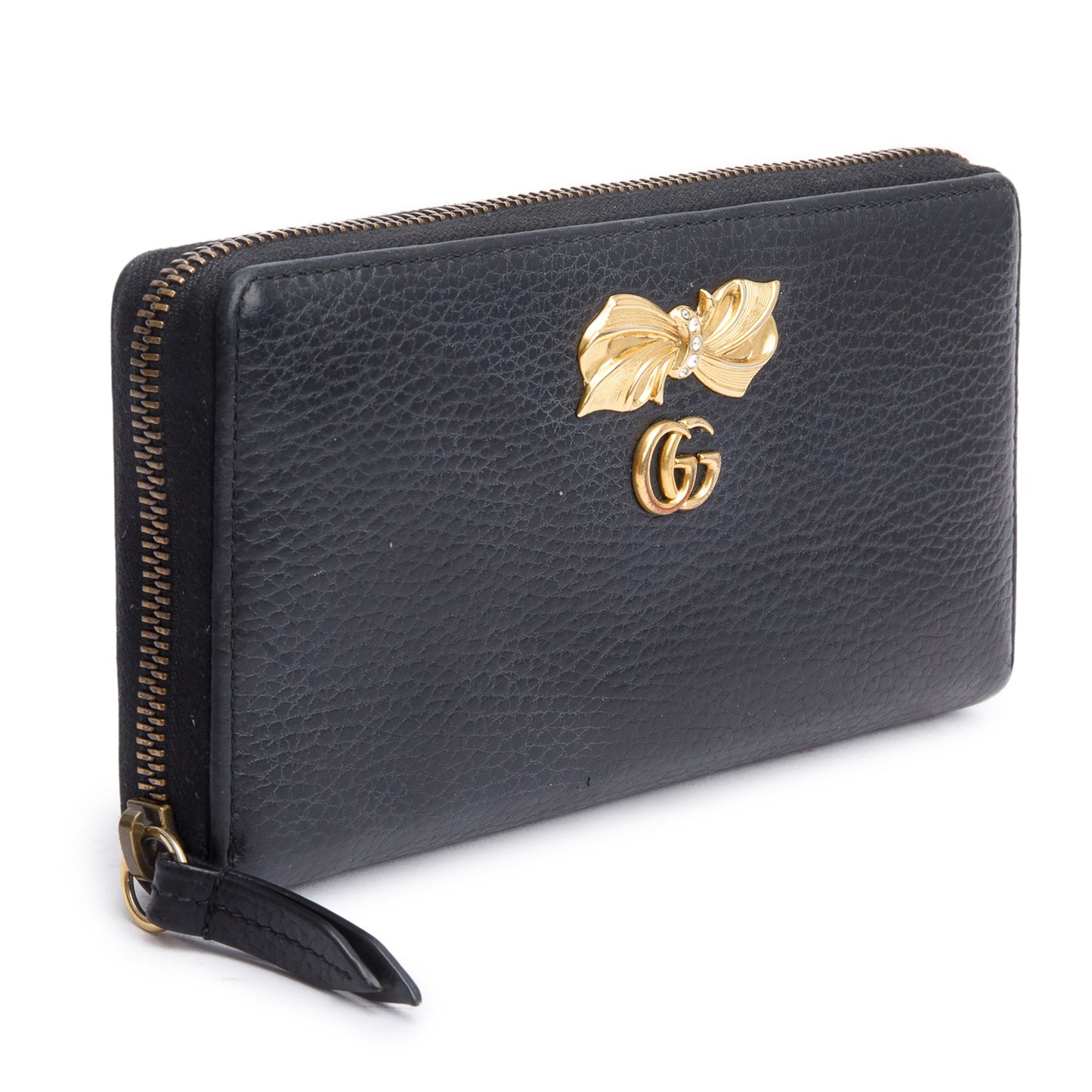 Gucci Black Calfskin Leather GG Marmont Bow Zip Around Wallet